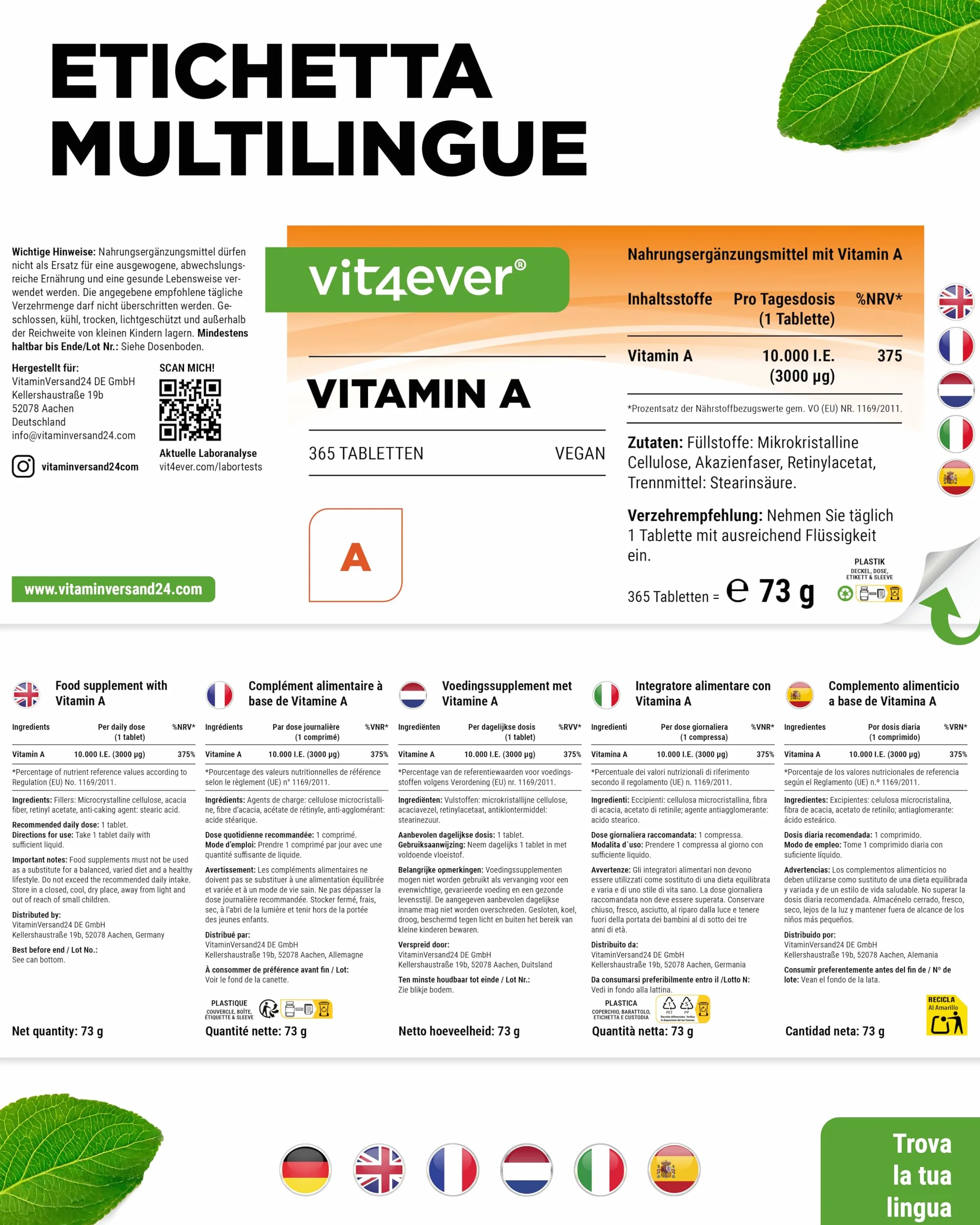 vit4ever Vitamina A - 10.000 U.I. (3000 µg) - 365 compresse - Alternativa alle capsule - Acetato di retinile ad alto dosaggio - Senza additivi inutili - Occhi, pelle, sistema immunitario - Vegan