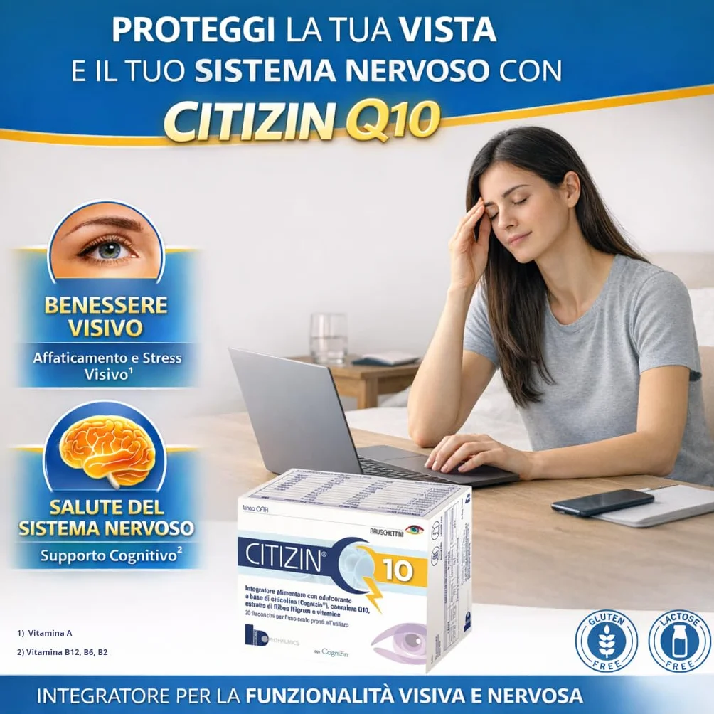 Q10 – 20 Flaconcini da 10 ml – Integratore Alimentare a base di Citicolina (Cognizin), Coenzima Q10, Vitamine A, C, E, Vitamine del gruppo B e Ribes nero