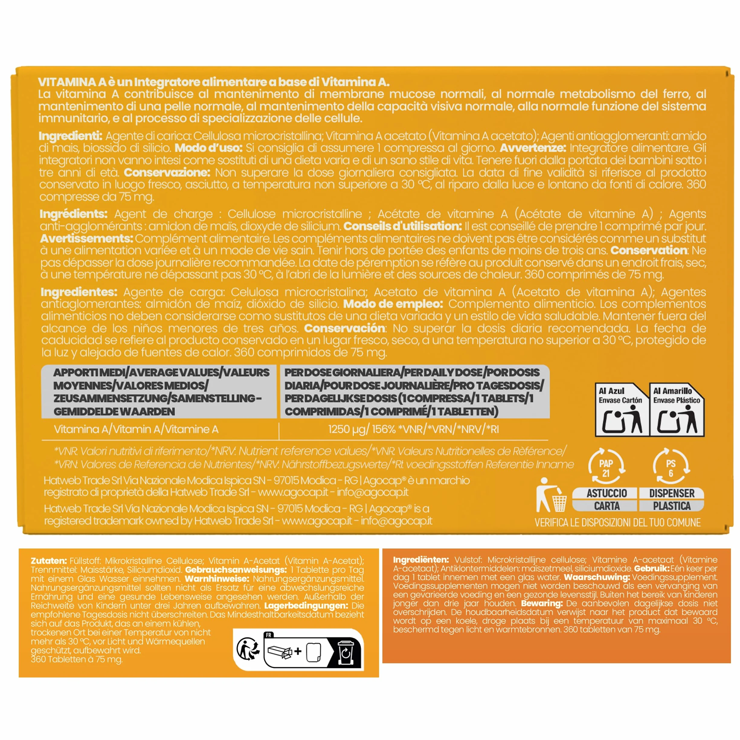 Vitamina A pura, 360 microcompresse ad alto dosaggio | 1200mcg per compressa di Vitamina A, 4000ui ad alta biodisponibilità | Agocap, Integratore Vitamin A, fatto in Italia