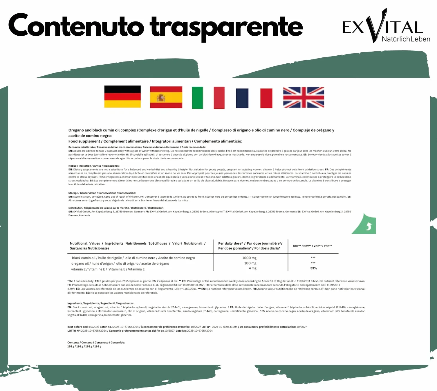 EXVital Complesso olio origano cumino nero 180 capsule vegane 1000 mg carvacrolo 80%