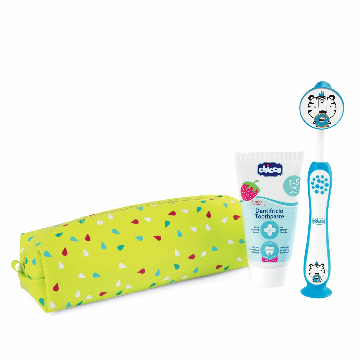Chicco Set Spazzolino e Dentifricio per Bambini, Con Pratico Astuccio, Set Comprende Dentifricio Al Gusto Fragola e Spazzolino con Setole Morbide e Ventosa, Set da Viaggio, 3-6 Anni, Azzurro