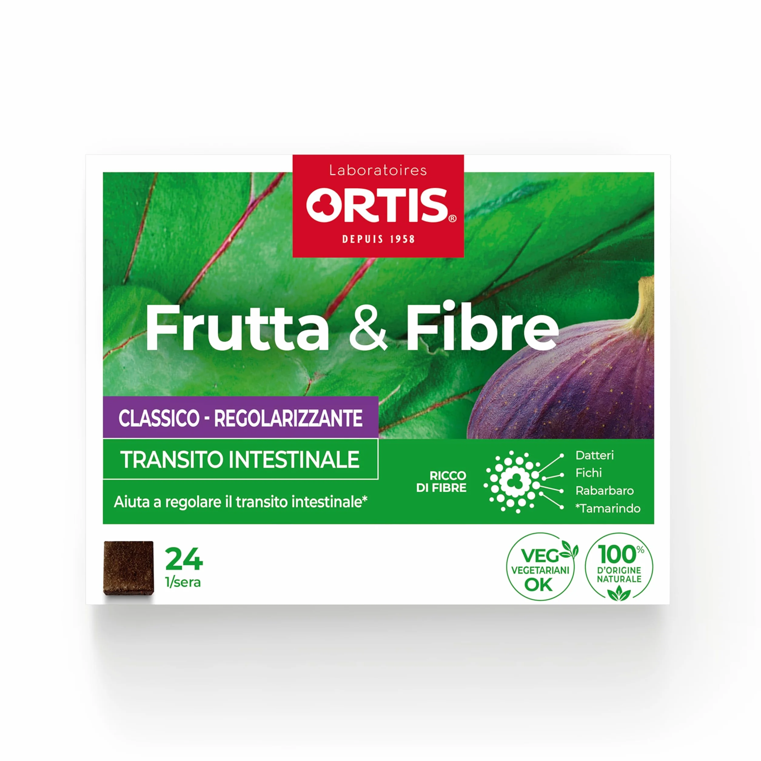 Ortis - Frutta & Fibre Classico 24 Cubetti - Integratore Alimentare Che Aiuta a Regolare il Transito intestinale - Pigrizia intestinale Frequente -100% Naturale a Base di Rabarbaro e Fichi