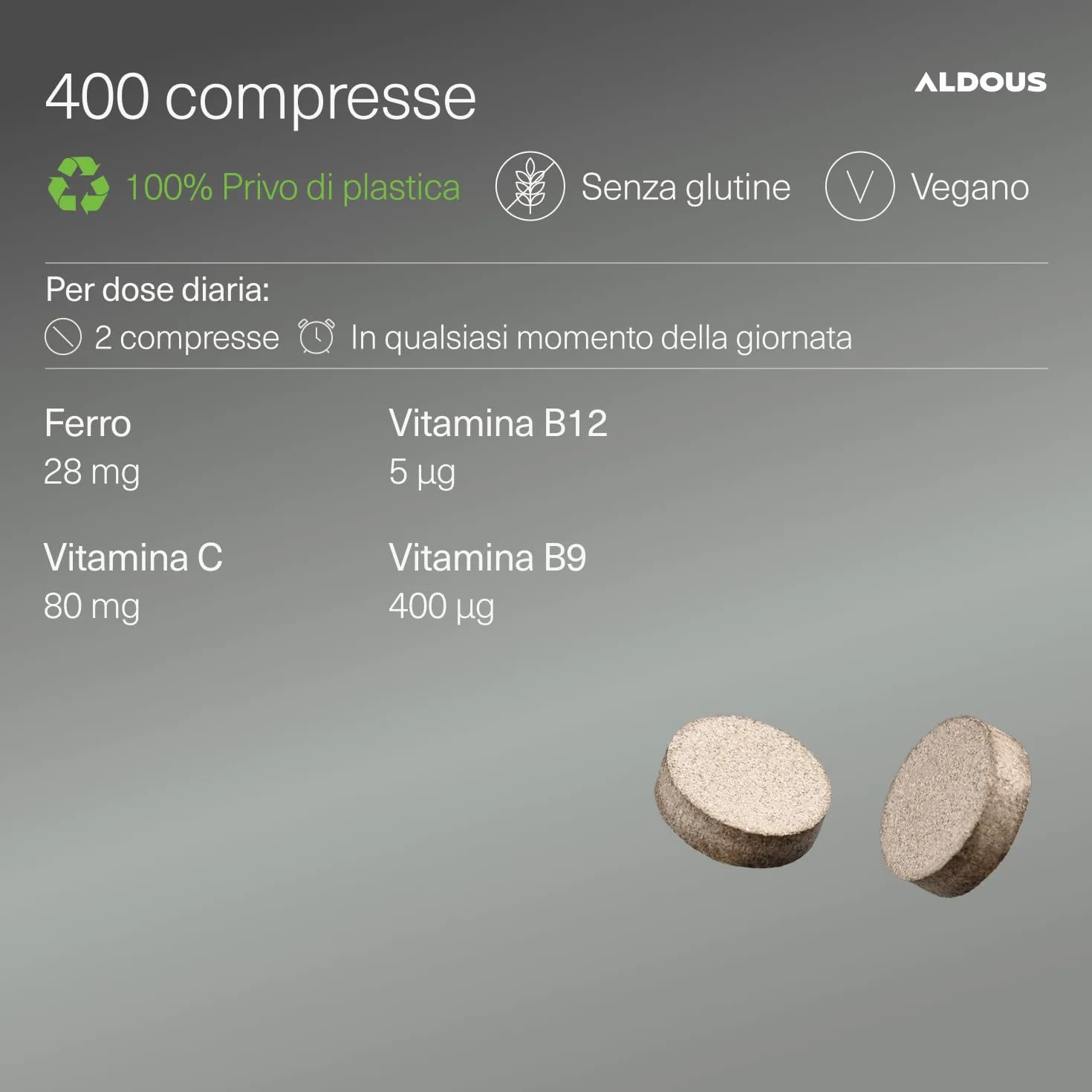 Ferro Integratore con Vitamina C, Acido Folico, B12-400 Compresse - Ferro Chelato - Globuli Rossi, Energia Supplemento, Sistema Immunitario - Integratore Stanchezza Fisica e Mentale - Vegan - ALDOUS