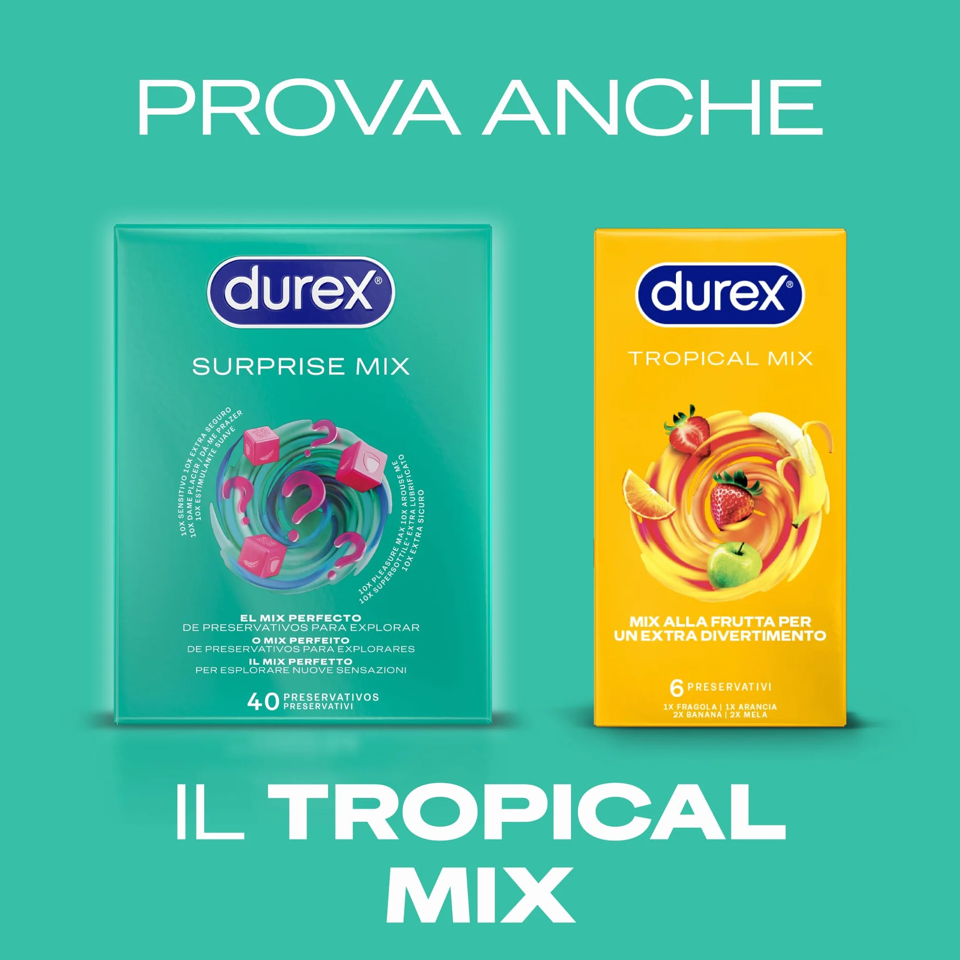 Durex Surprise Mix, Preservativi Assortiti, Profilattici Sottili e con Rilievi e Nervature, 40 Profilattici, Solo Online