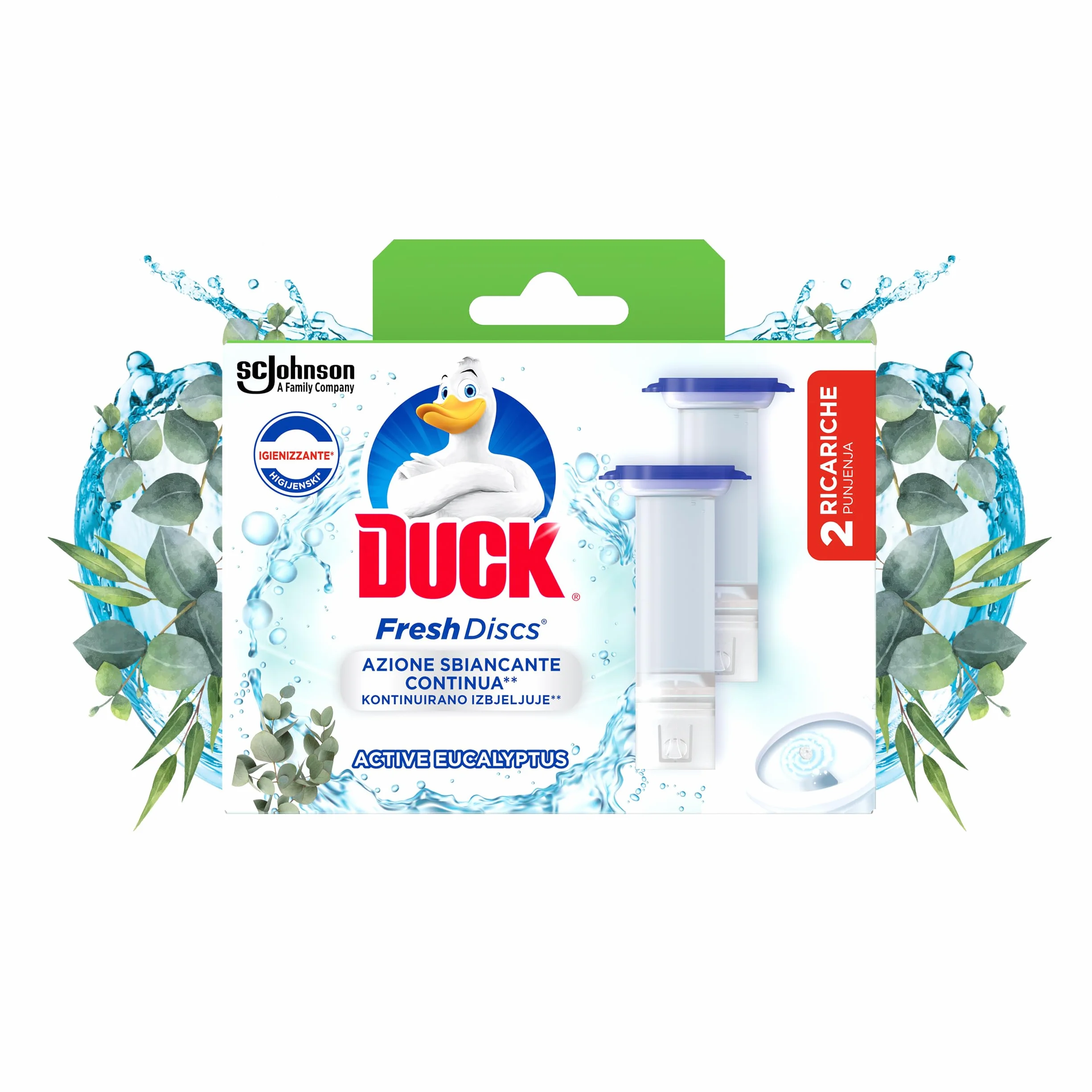 Duck Fresh Discs - 2 Ricariche da 6 Dischi Gel Igienizzanti WC, Fragranza Eucalipto con agenti candeggianti, Confezione da 2 Applicatori e 12 dischetti