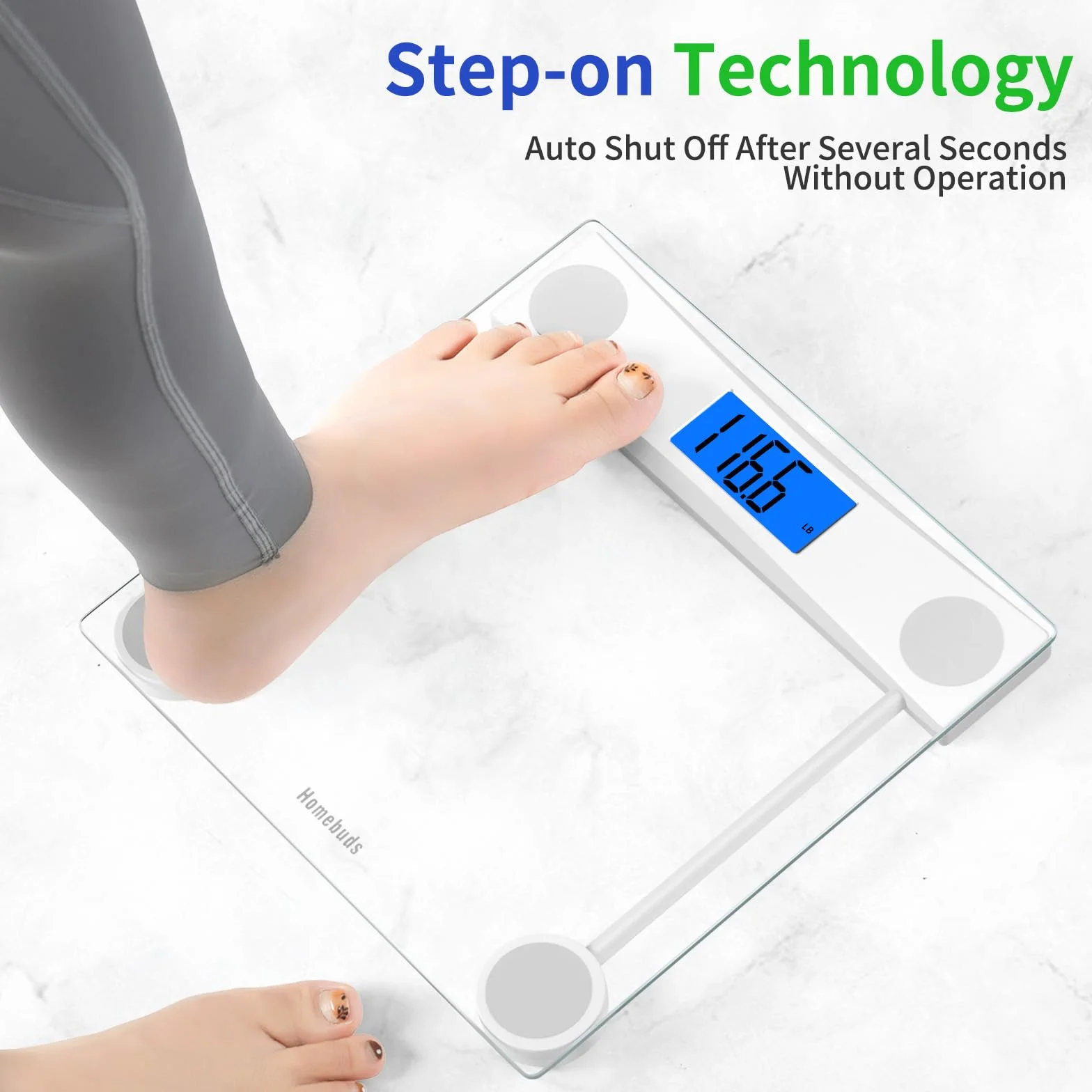 Homebuds Bilancia Pesapersone, Alta Precisione Assicurato dalla fabbrica professionale di Bilancia Pesapersone Digitale dal 2001, LCD retroilluminato blu e Step-On, 2*AAA, 182kg, Vetro Trasparente