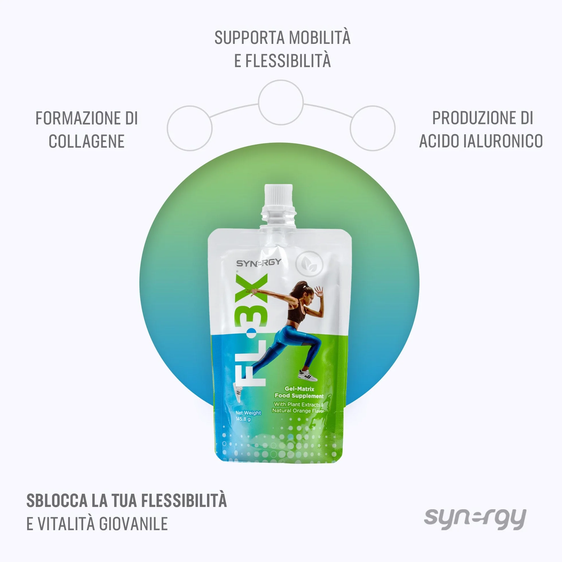 Synergy WorldWide FL-3X | Integratore sportivo con 500 mg di glucosamina, 300 mh di condroitina e 125 mg di MSM | Salute della mobilità articolare | Senza glutine | 8 bustine | 96 dosi per confezione