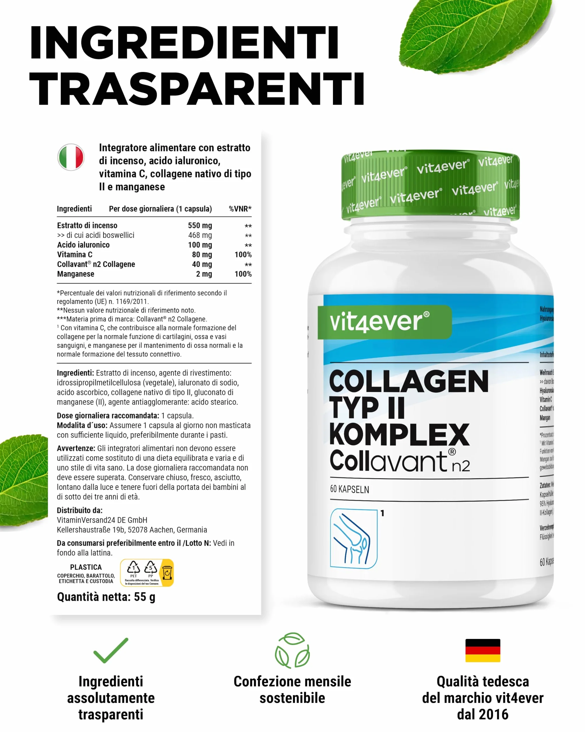 Complesso Collagene di tipo II con Collavant n2®, acido ialuronico, vitamina C, manganese per ossa e articolazioni