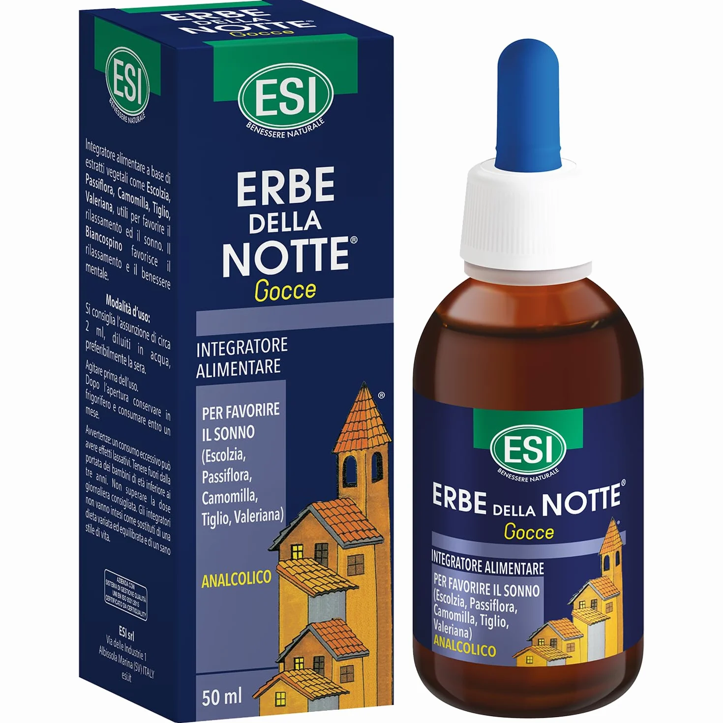 ESI Erbe della Notte Integratore Alimentare Gocce Passiflora Camomilla Valeriana Sonno Ansia Stress Senza Glutine Vegan 50 ml