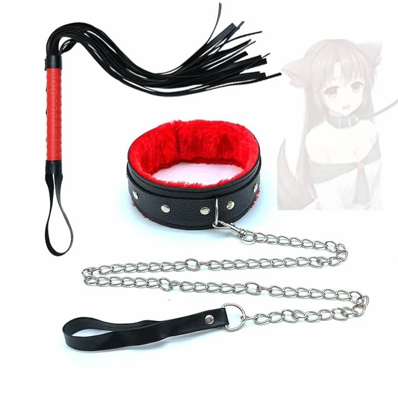 HUNTVE Collare in Pelle di Peluche con Catena e Frusta per Giochi di Ruolo (Nero e Rosso)