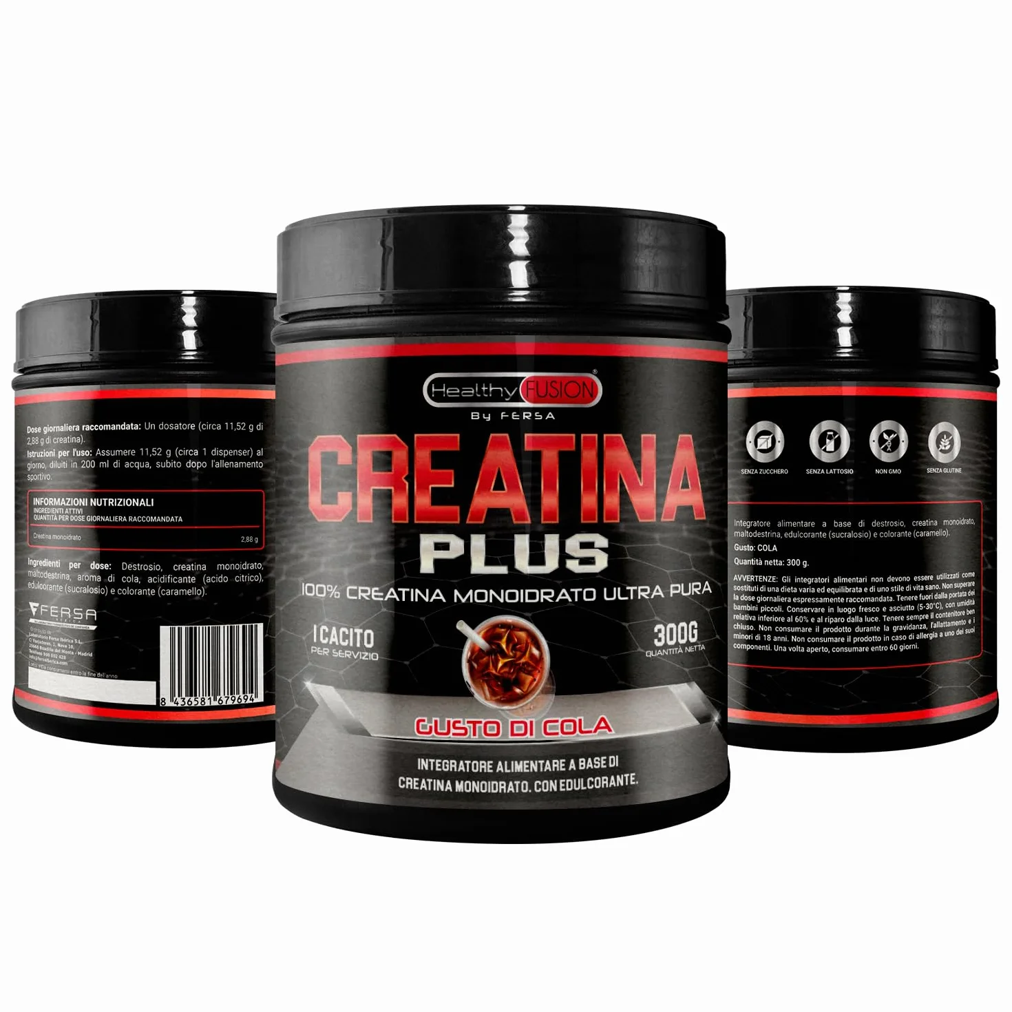 Healthy Fusion | Creatina Monoidrato in polvere 100% pura, senza additivi | Favorisce la crescita muscolare e aumenta le prestazioni fisiche | Alta solubilità | 300g, gusto Cola