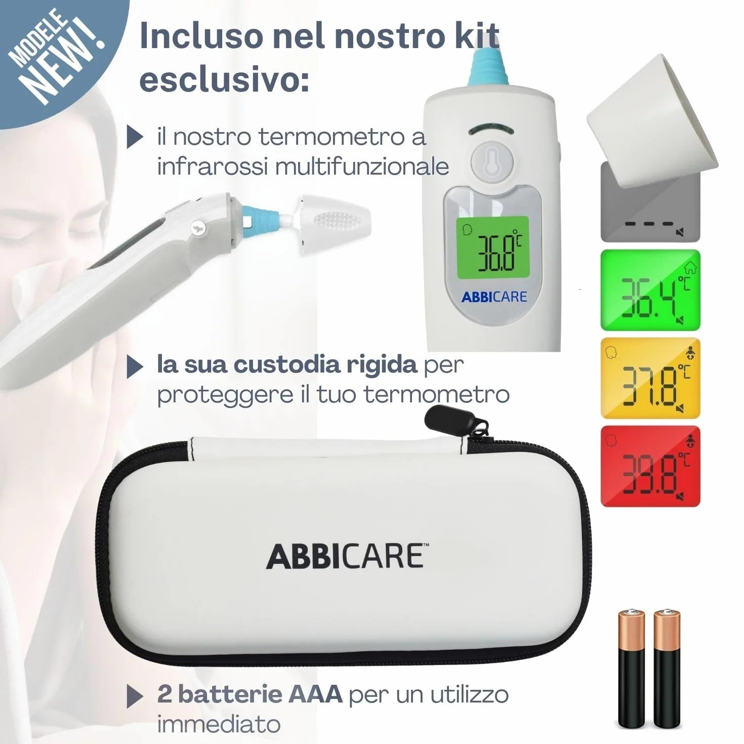 Termometro febbre digitale frontale e auricolare ABBICARE™ infrarossi neonato 1 secondo