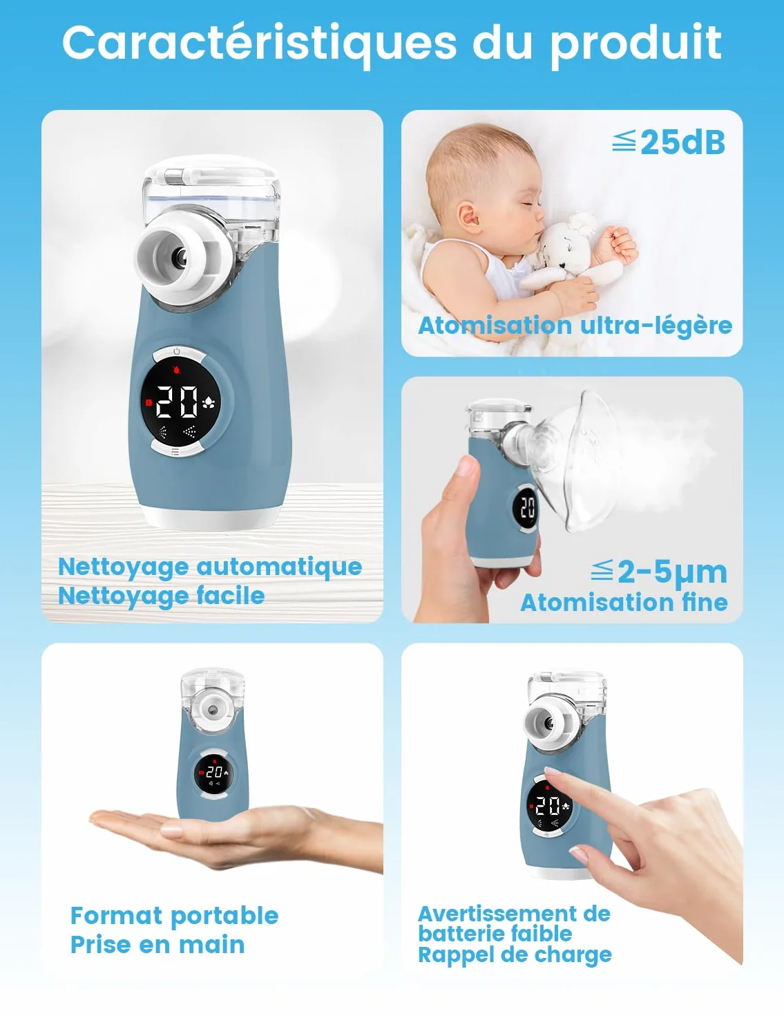 HITHINKMED Aerosol Portatile Silenzioso, Macchina Aerosol Ultrasuoni Adulti e Bambini, 2 Modalità Regolabili, USB-C Ricaricabile con Display Digitale e Funzione di Pulizia Automatica Inalatore a Rete