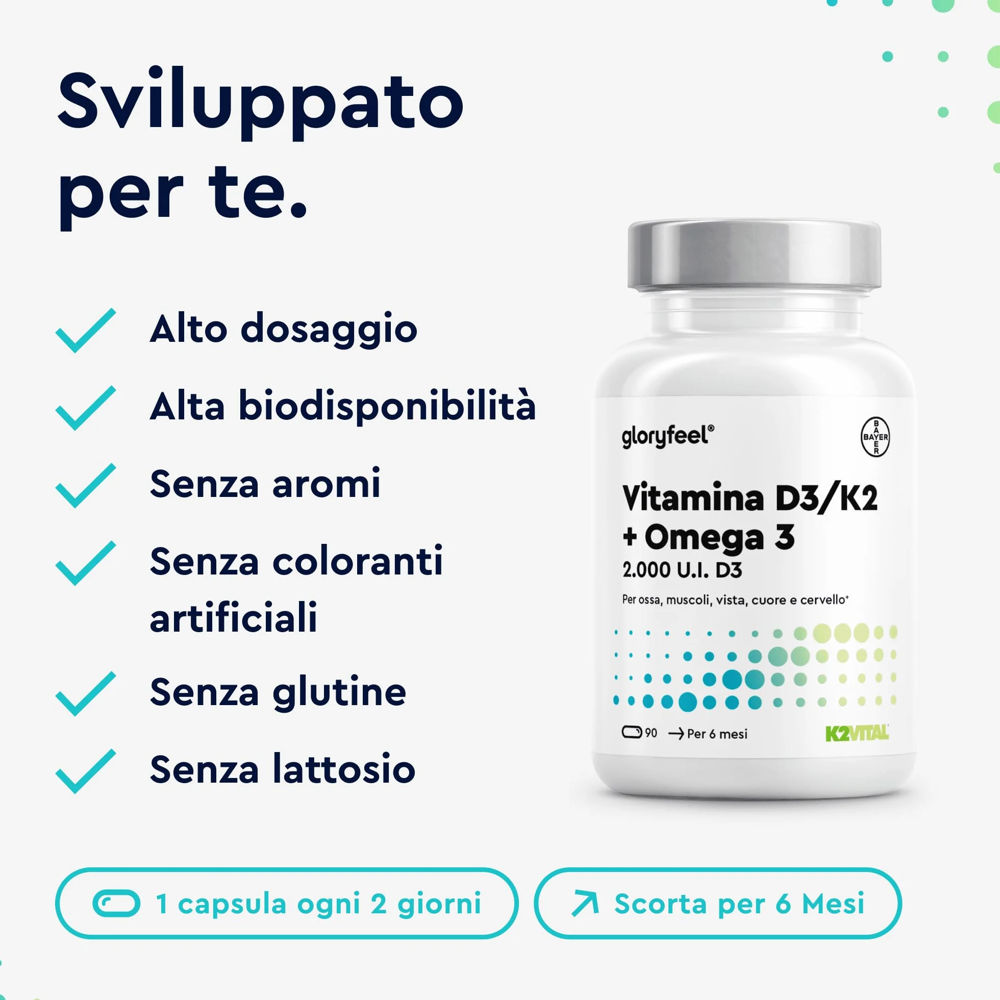 Vitamina D3 + K2 + Omega 3, 90 Capsule Softgel, Eletto PRODOTTO DELL'ANNO 2025, 2000UI Vitamin D, 100 µg Vitamina K (K2VITAL® di Kappa), 1000mg Olio di Pesce 400mg EPA e 300mg DHA
