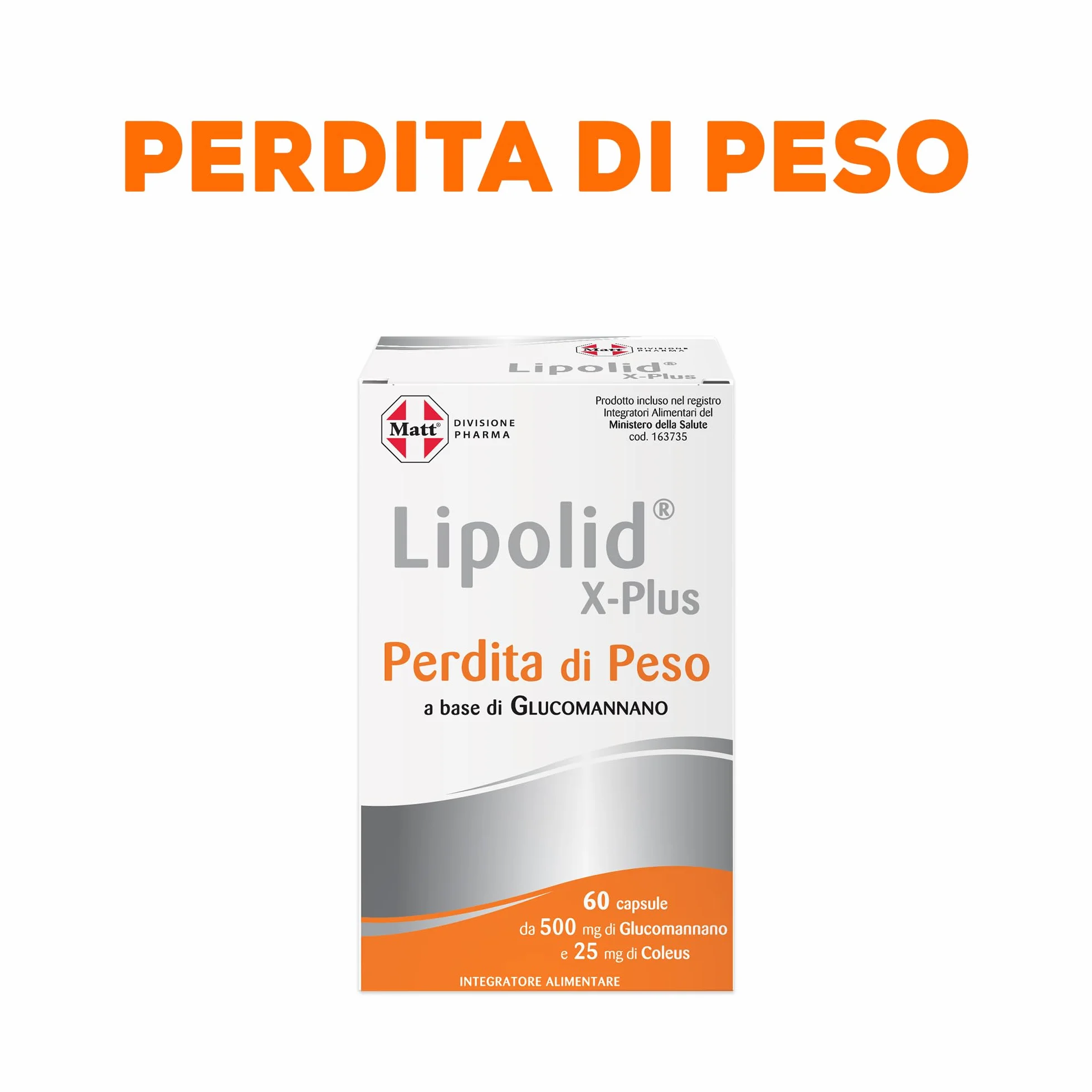 Matt, Lipolid X-Plus, Integratore Alimentare a Base di Glucomannano con Coleus, Ideale per una Dieta Ipocalorica, Aumenta il Senso di Sazietà, Senza Glutine, Confezione da 60 Compresse