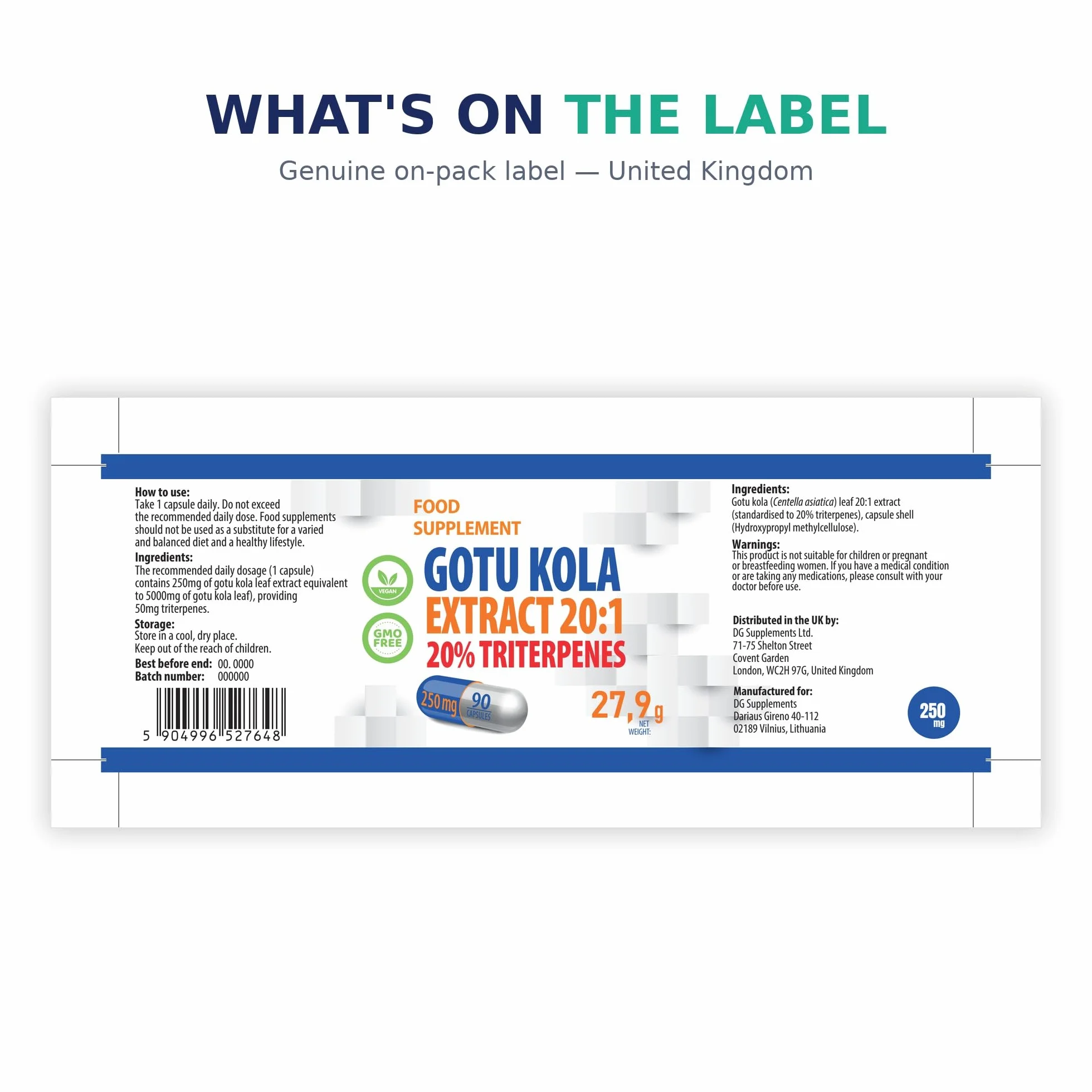 Hepatica Gotu Kola 5.000 mg Estratto 20:1 250 mg Triterpeni 20% 90 Capsule Vegane GMP