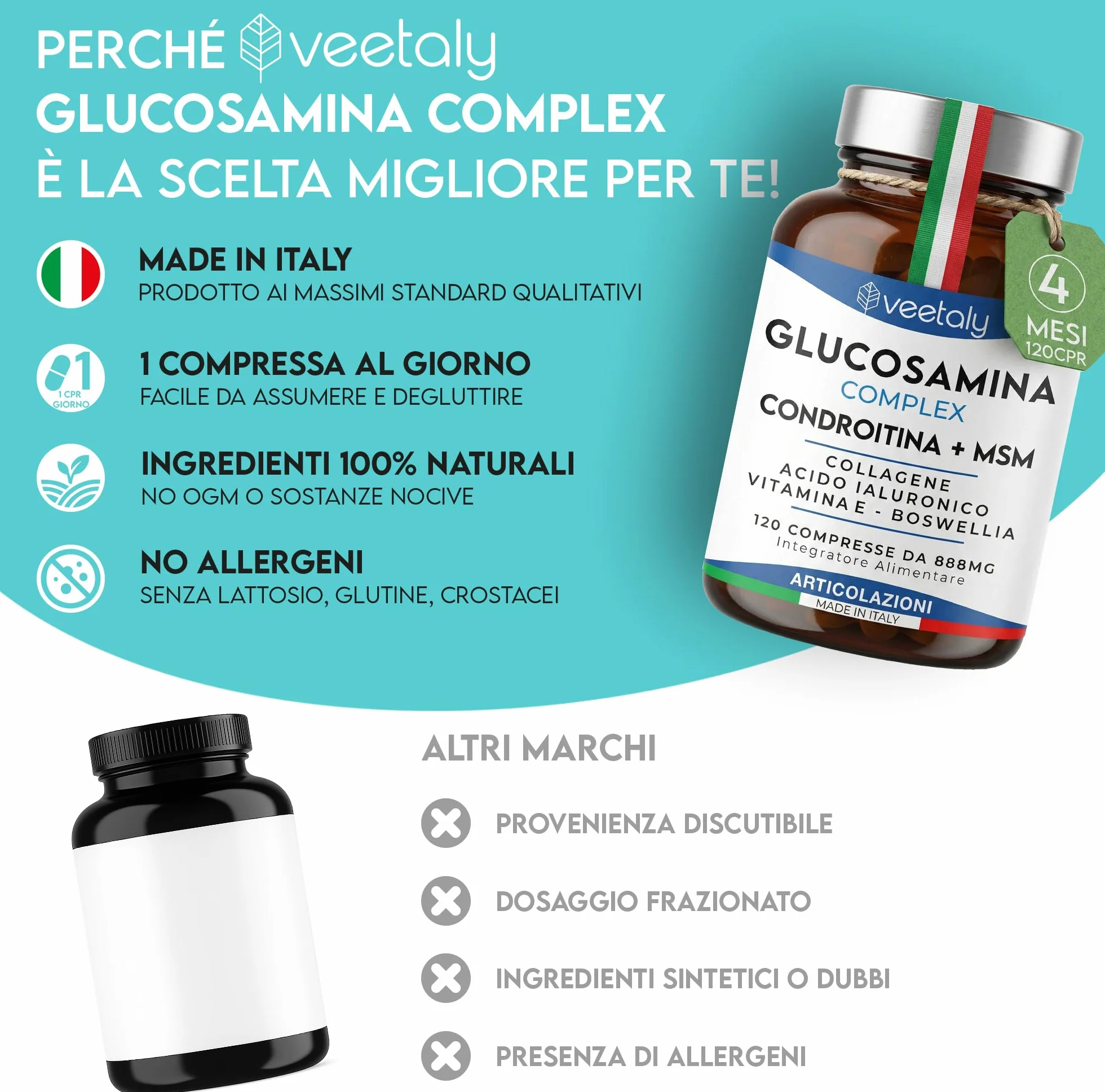 Glucosamina Condroitina MSM 888mg - Integratore Articolazioni e Cartilagine Ginocchio con Collagene, Acido Ialuronico, Vitamina E, Boswellia - 4 Mesi, 120 Compresse da 888 mg