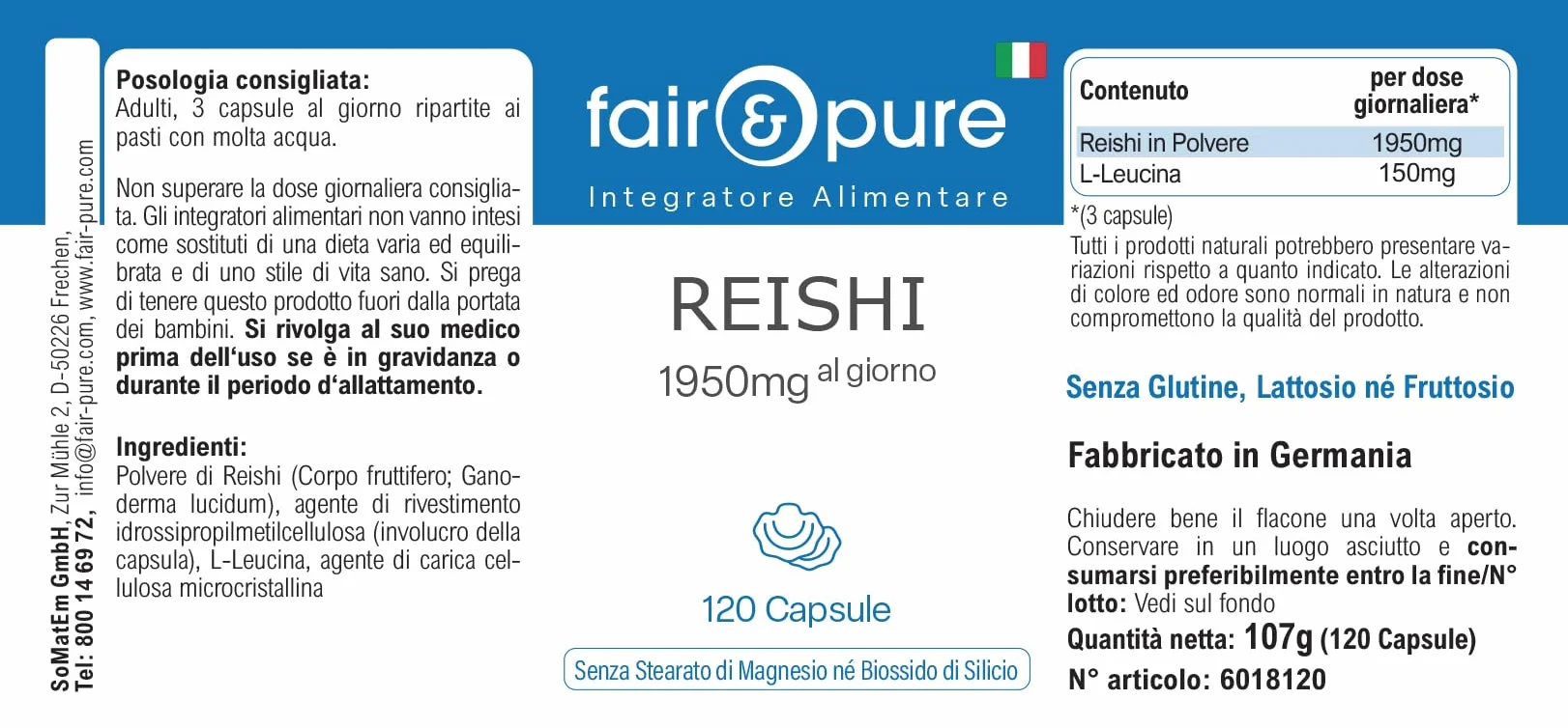 Fair & Pure® - Capsule di Reishi 1950 mg - 120 capsule - Ganoderma lucidum - Fungo medicinale - Altamente dosato - Vegano