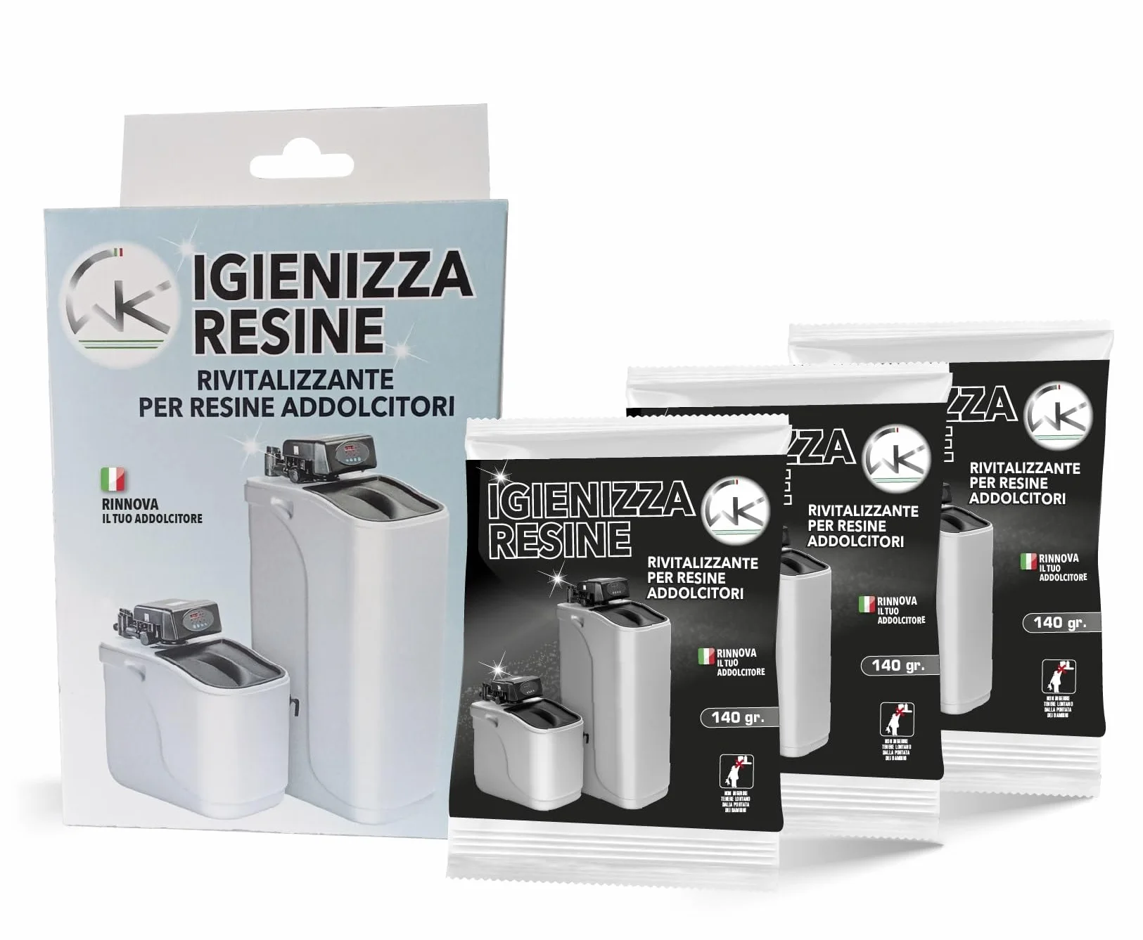 Igienizza Resine Addolcitore Detergente Decalcificante per Addolcitore 3x140g Made in Italy