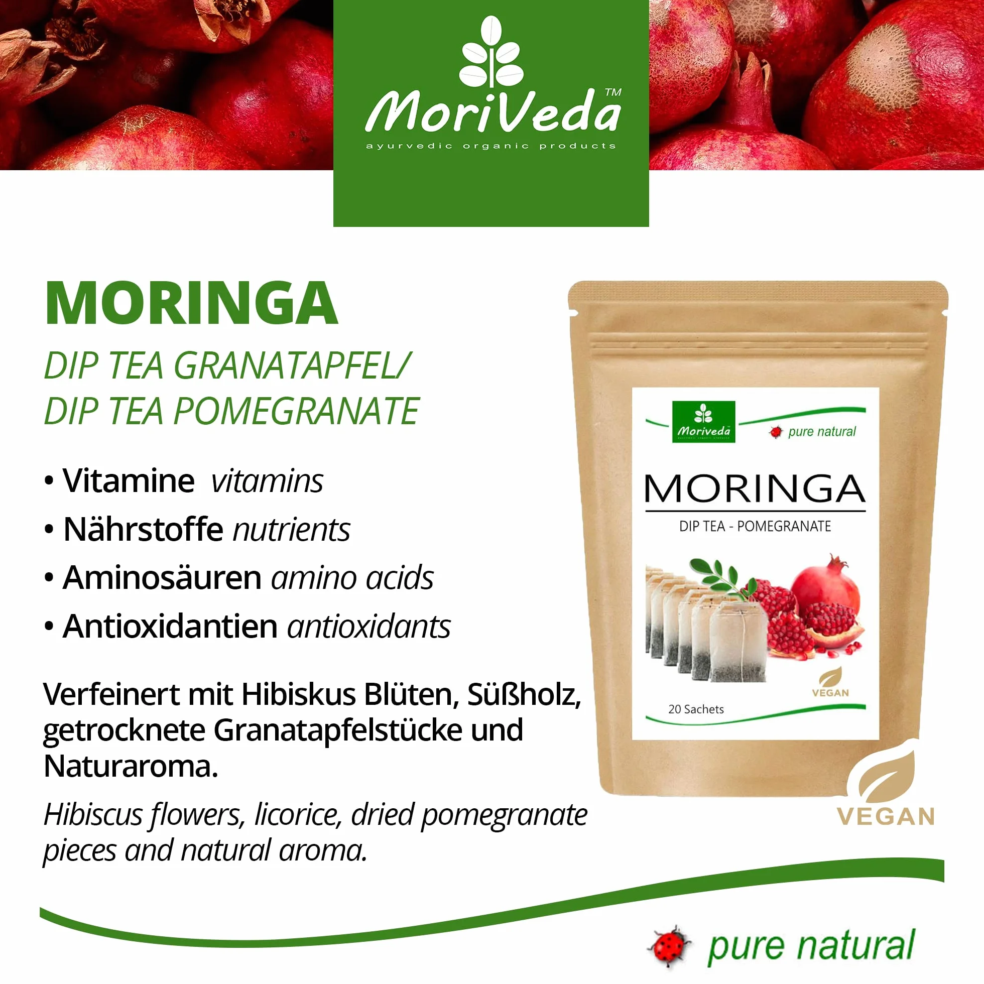 Tè Moringa 100% naturale e vegano (a scelta mix di erbe, mela cannella, melograno, zenzero, menta). Qualità 1A (20 bustine di tè Moringa-Melograno)