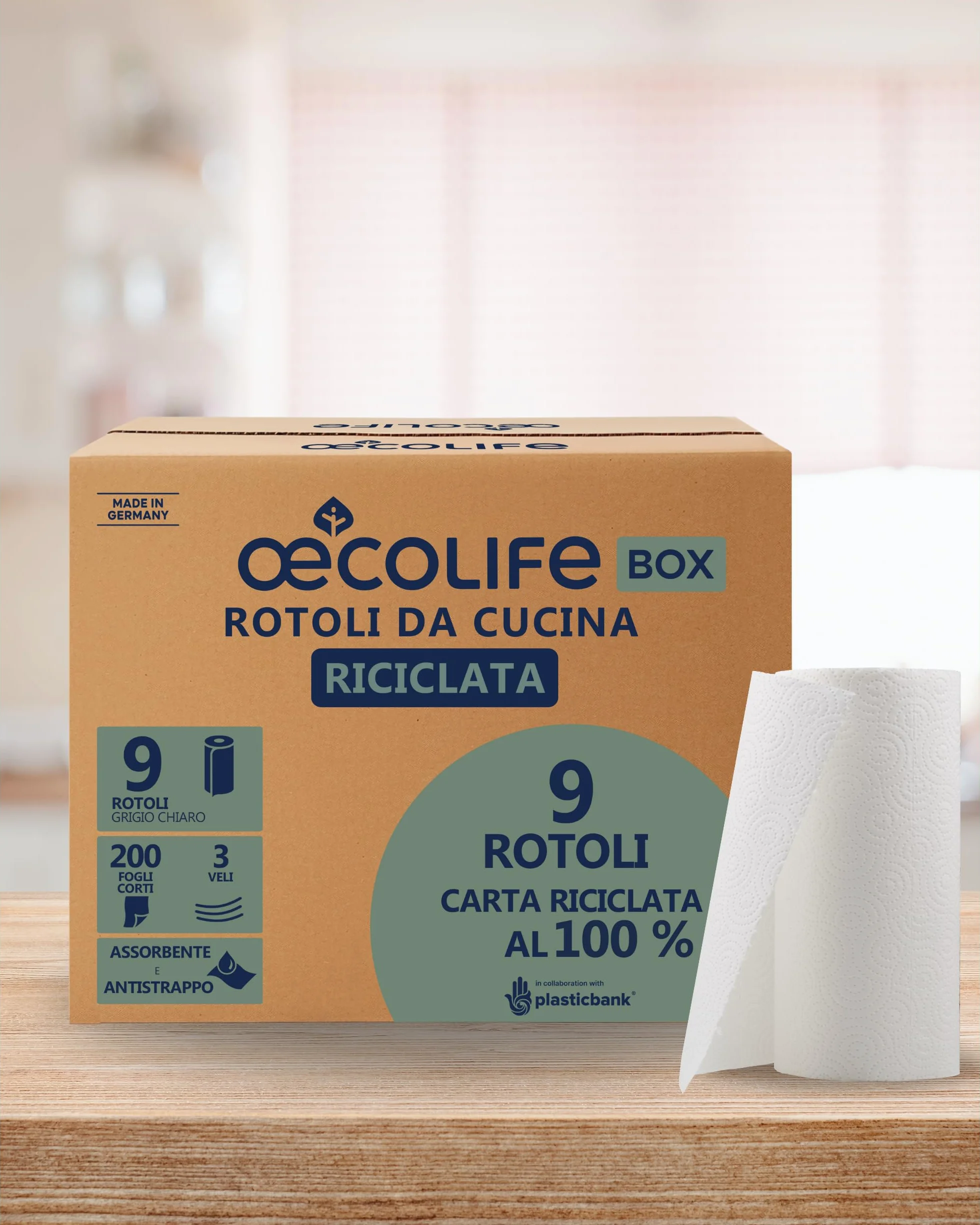 œcolife Asciugamani da cucina Ricicling 9 rotoli 200 fogli, senza plastica sostenibili multiuso