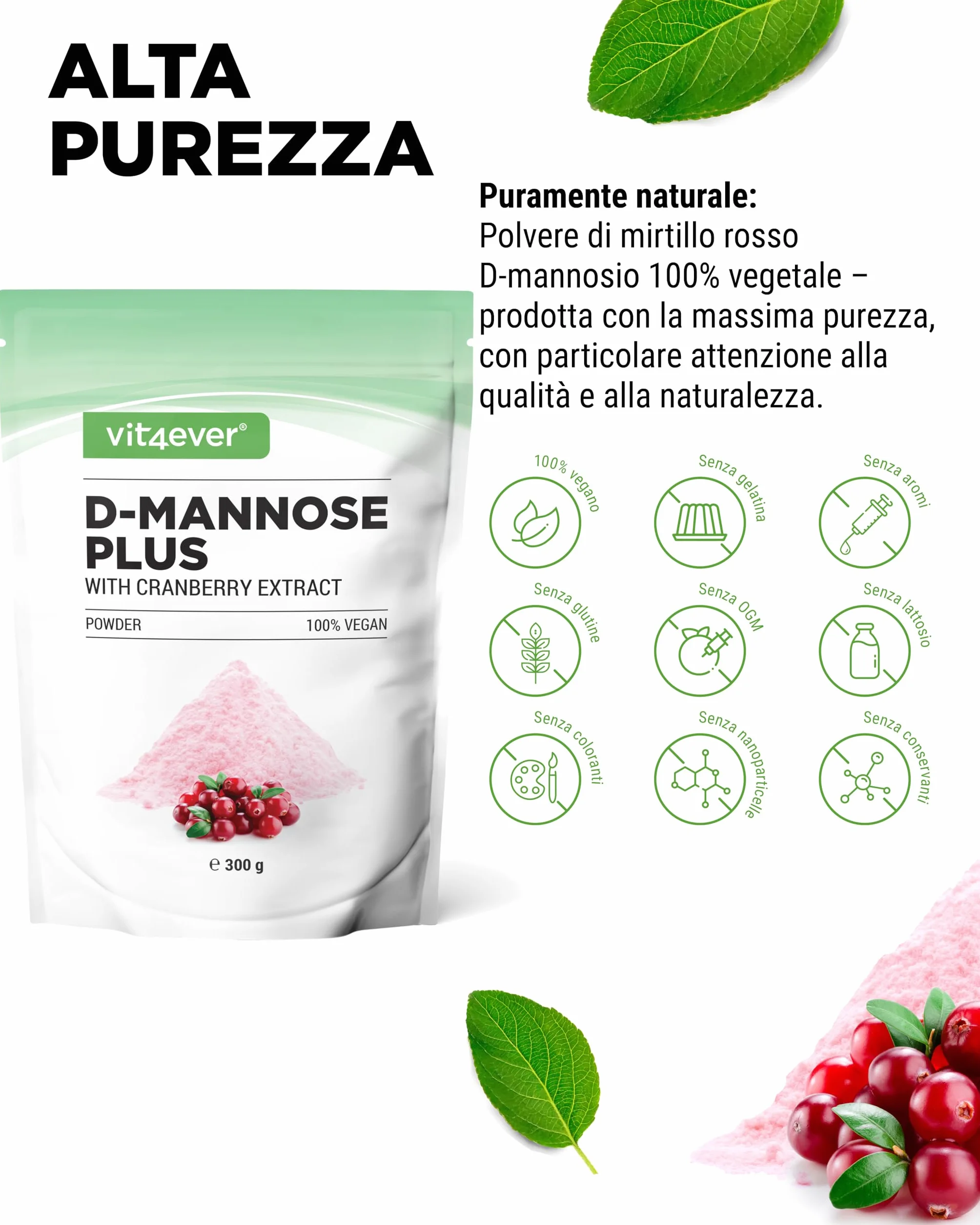 Vit4ever D-Mannosio in Polvere con Cranberry 2000 mg + 500 mg - 300 g - 120 Applicazioni - Vegano