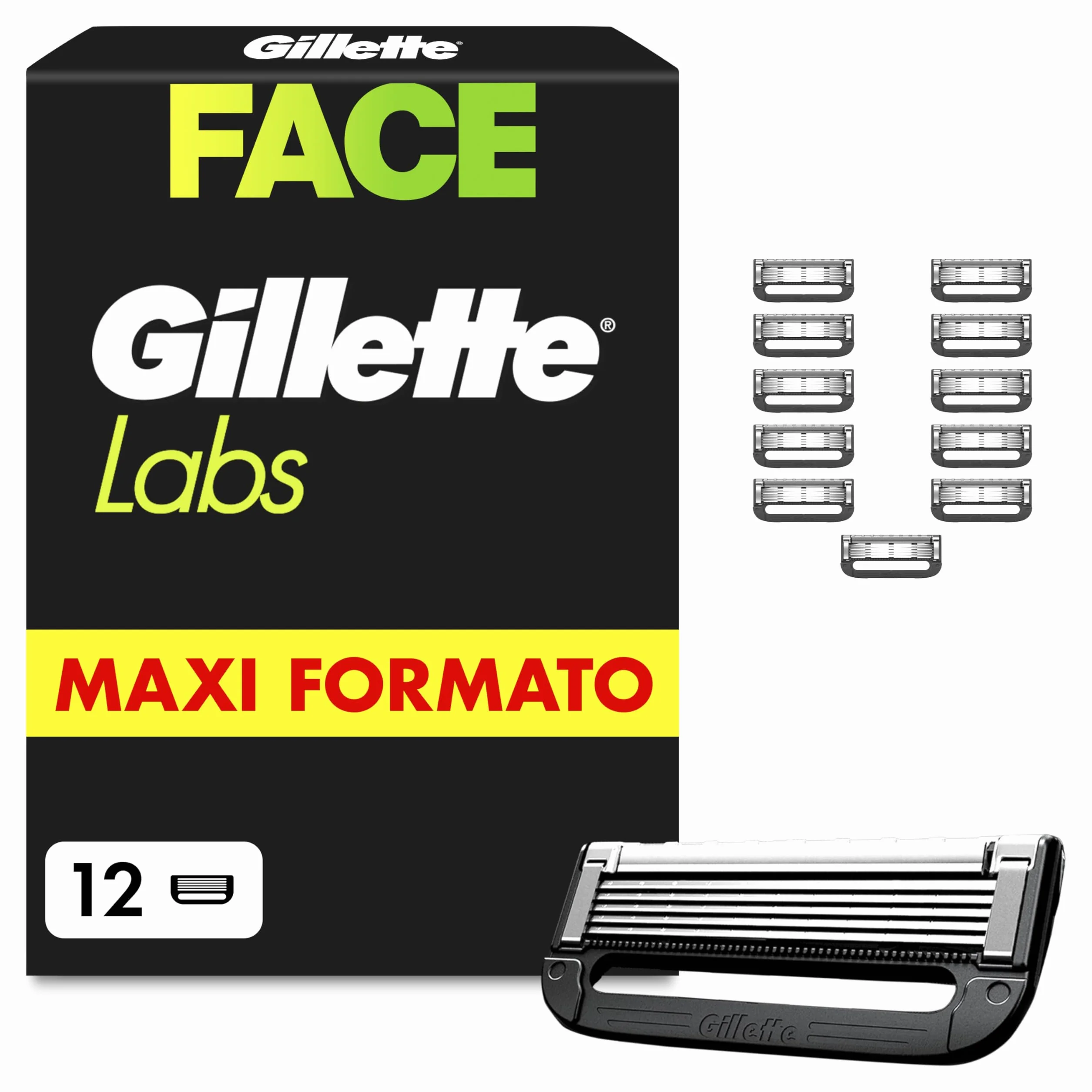Gillette Labs Lamette di Ricambio per Rasoio Barba Manuale, Confezione da 12 Lamette Gillette Labs di Ricambio, Compatibili con Gillettelabs con Barra Esfoliante e Heated Razor, Cartucce Rasoio Uomo