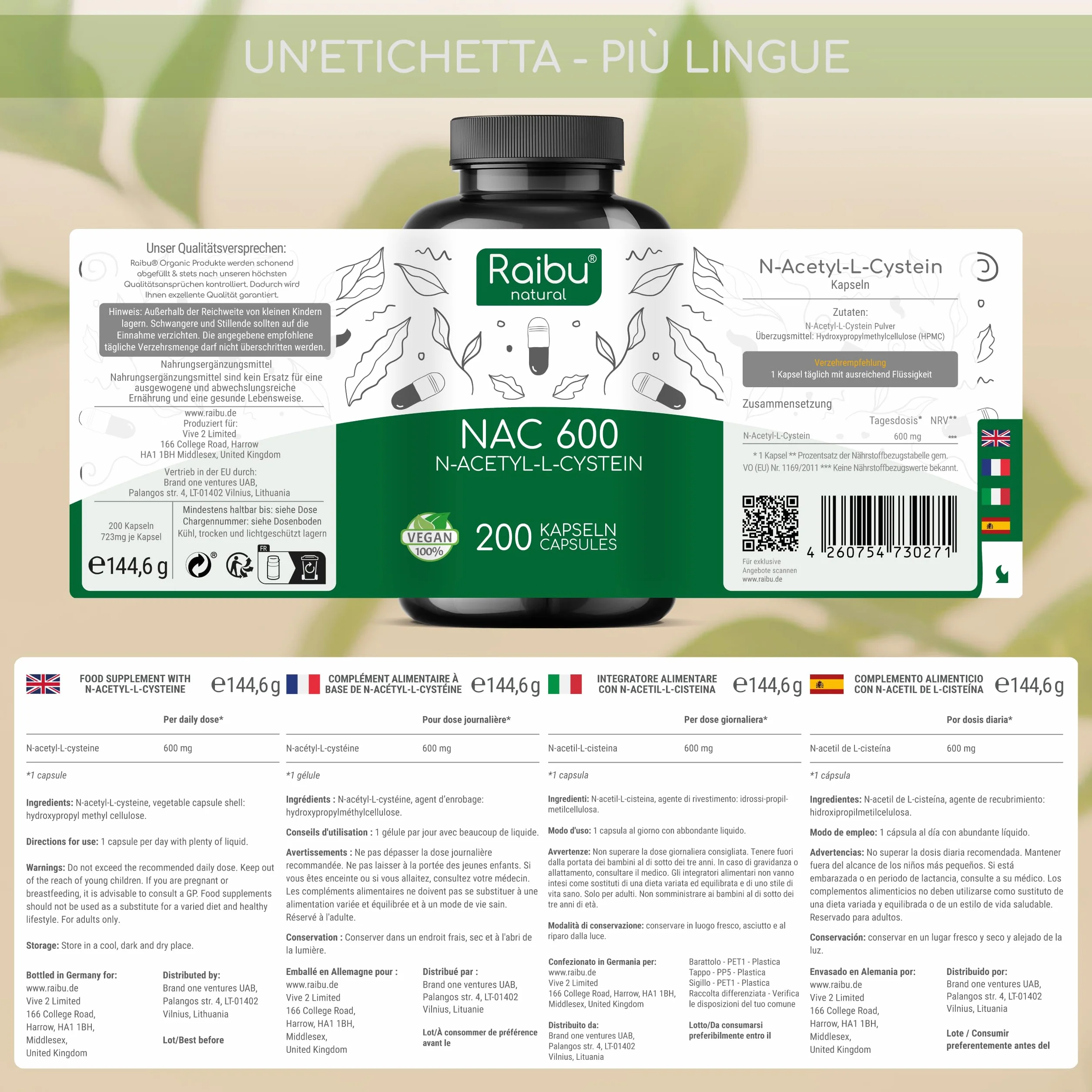 NAC N-Acetil-Cisteina 600mg - 200 capsule - 100% NATURALE - Vegano e senza additivi - Altamente dosato - Qualità Premium - Prodotte da Raibu