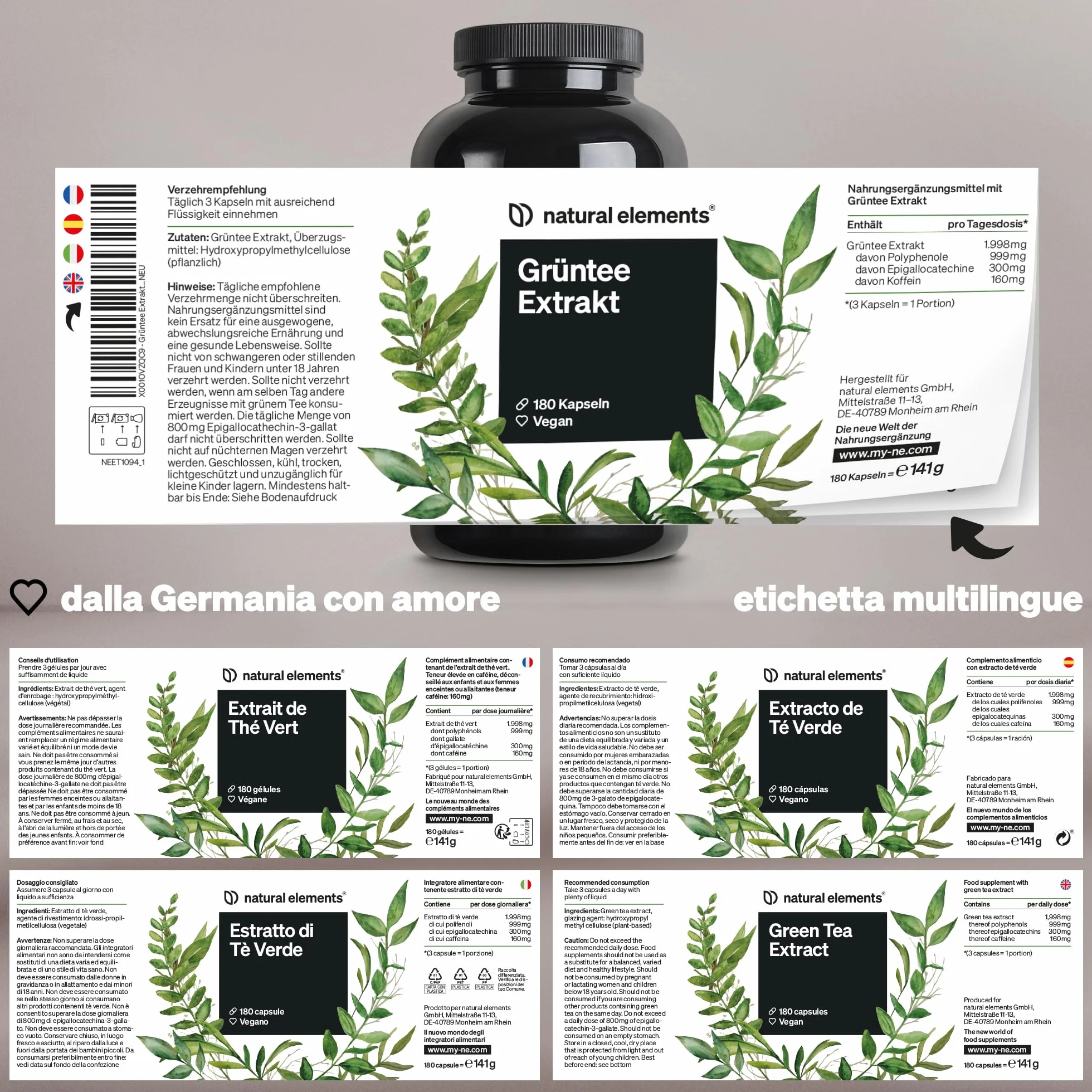 Estratto di tè verde 1998 mg per dose giornaliera – 180 capsule – con ECGC e polifenoli – vegano, alto dosaggio, zero additivi – prodotto e testato in laboratorio in Germania