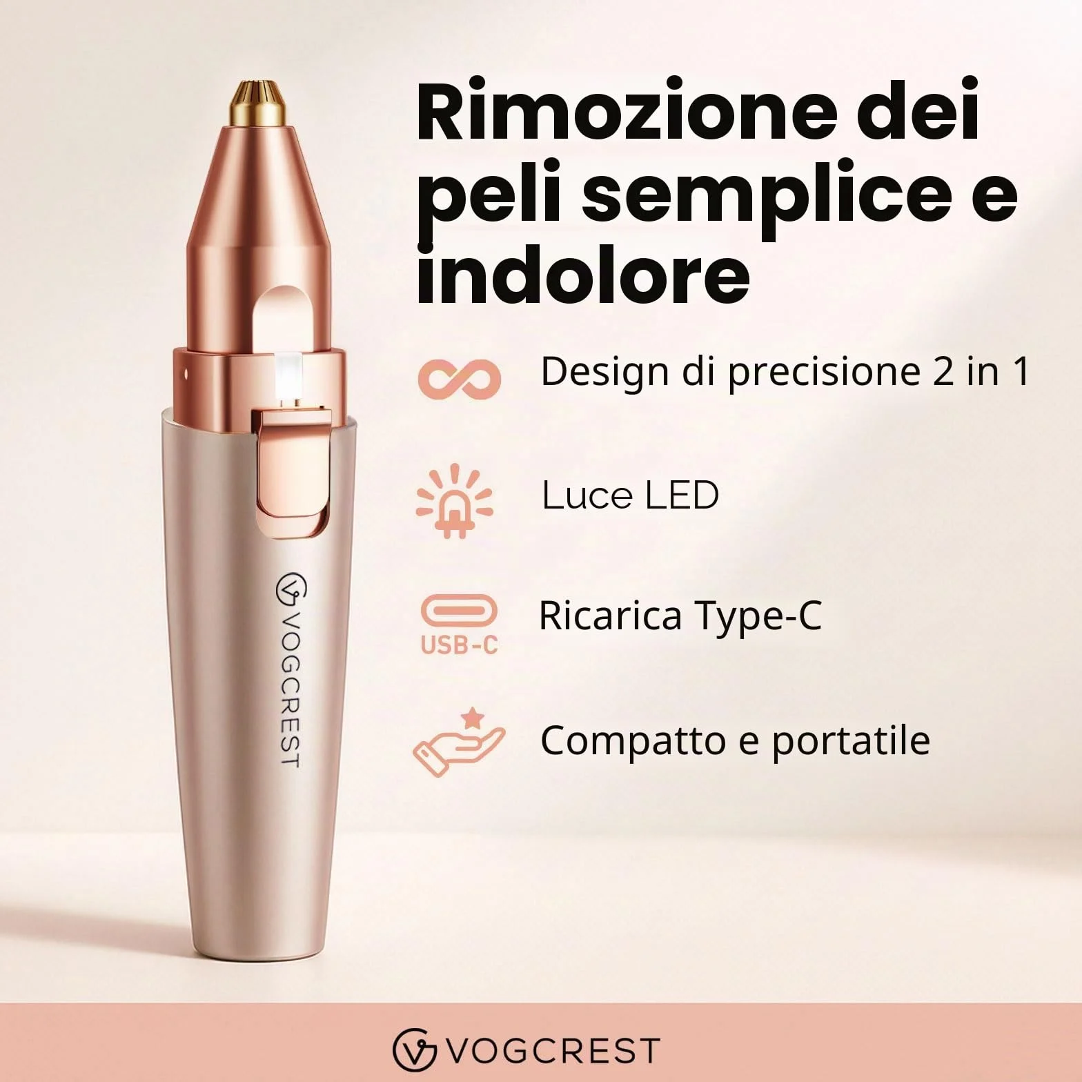 VG VOGCREST Rasoio per sopracciglia e viso 2 in 1 ricaricabile con luce LED, oro rosa
