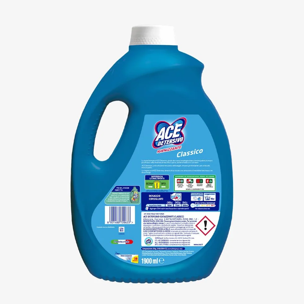 ACE Detersivo Igienizzante Classico – Detersivo Liquido Lavatrice, Rimuove Macchie e Sporco, Igienizza Tessuti, Bucato Pulito e Fresco anche a Freddo, Formula Efficace e Profumo Duraturo, 152 lavaggi