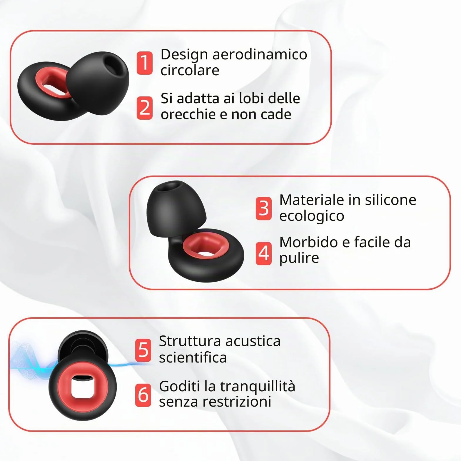 Tappi per orecchie 28 dB riutilizzabili in morbido silicone anti-rumore 2 paia nero/rosso nero/bianco