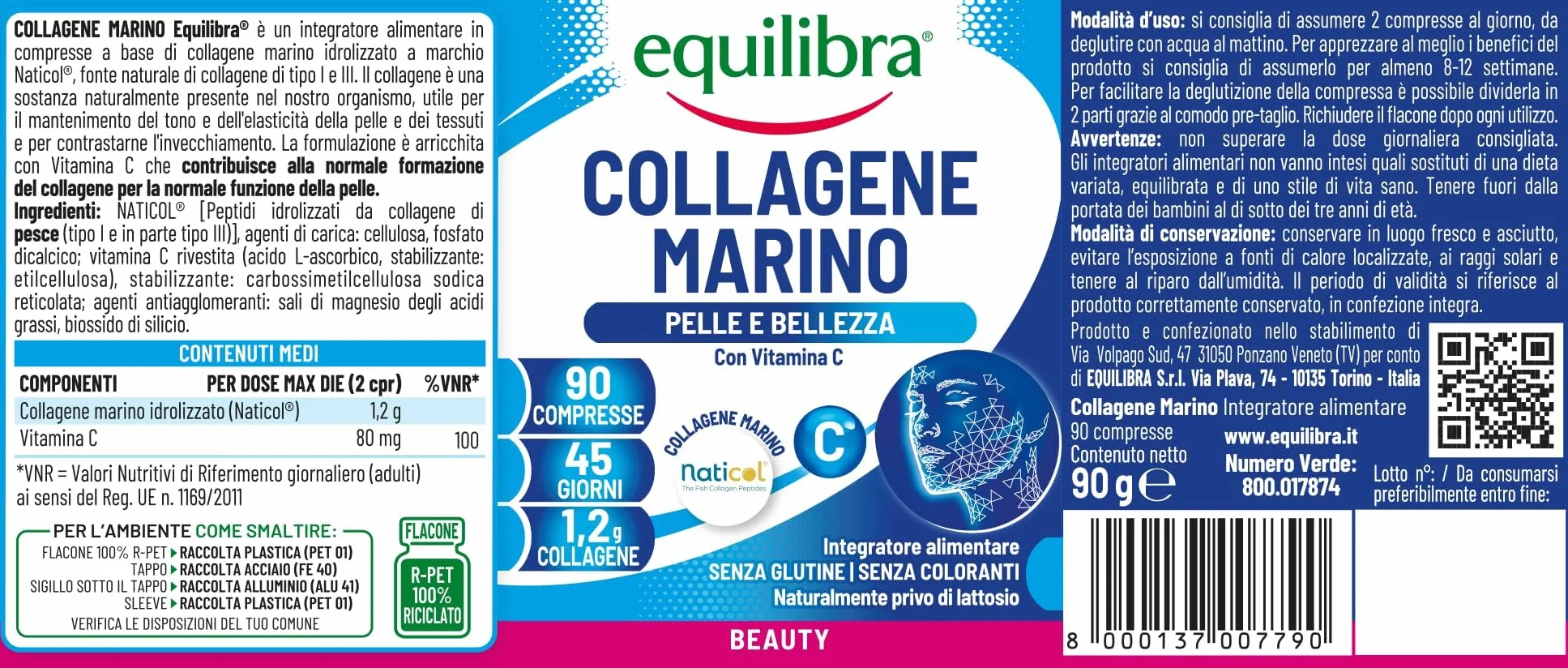 Equilibra Collagene Marino Idrolizzato Naticol 90 Compresse 1200 mg Collagene 80 mg Vitamina C Tipo I e III