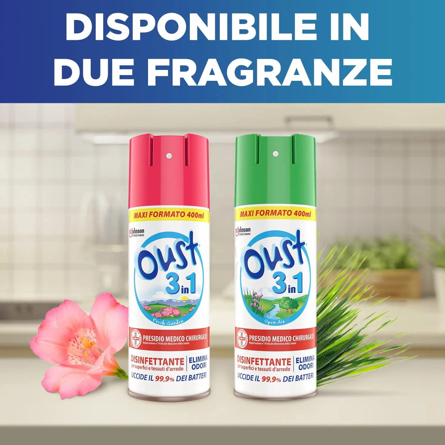 Oust 3 in 1 Spray Disinfettante 400 ml Fragranza Fresh Garden per Superfici e Tessuti Uccide 99,9% Batteri 12 unità