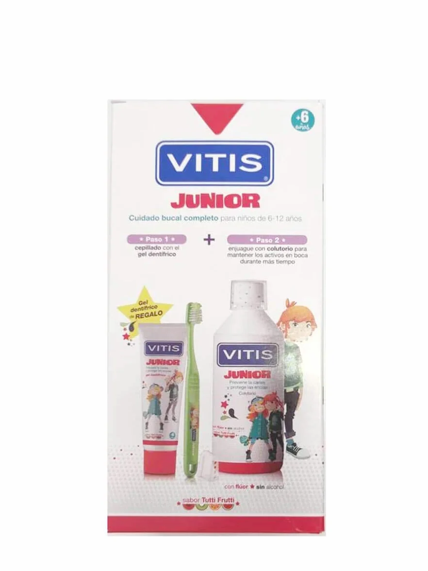 VITIS Junior Cuidado Completo: Colutorio + Cepillo Dental Suave + Gel Dentífrico