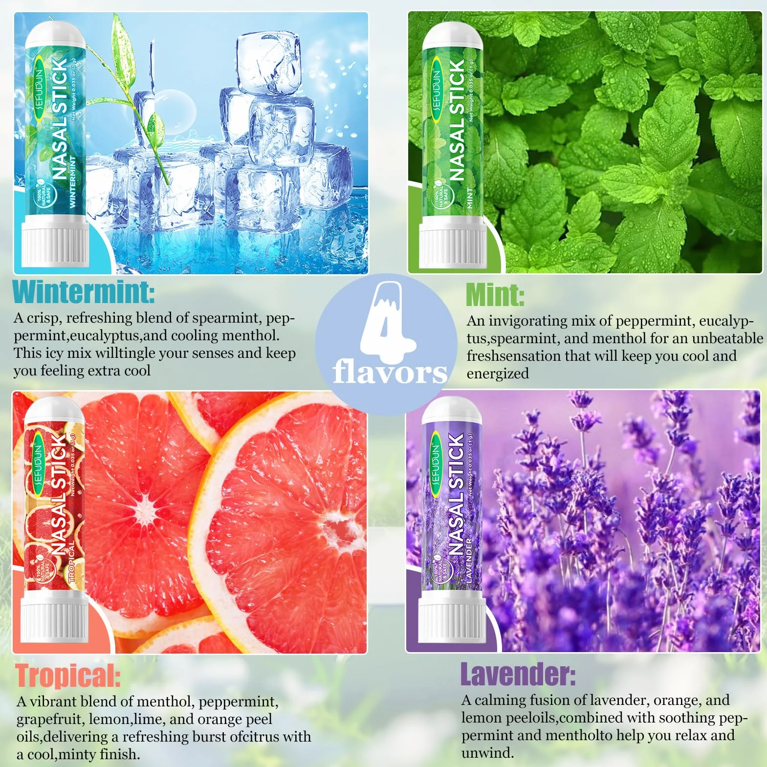 Bastone Nasale Agli Oli Essenziali 4 Pack, Inalatore Nasale Aromaterapia Menta, Sollievo Naso Chiuso
