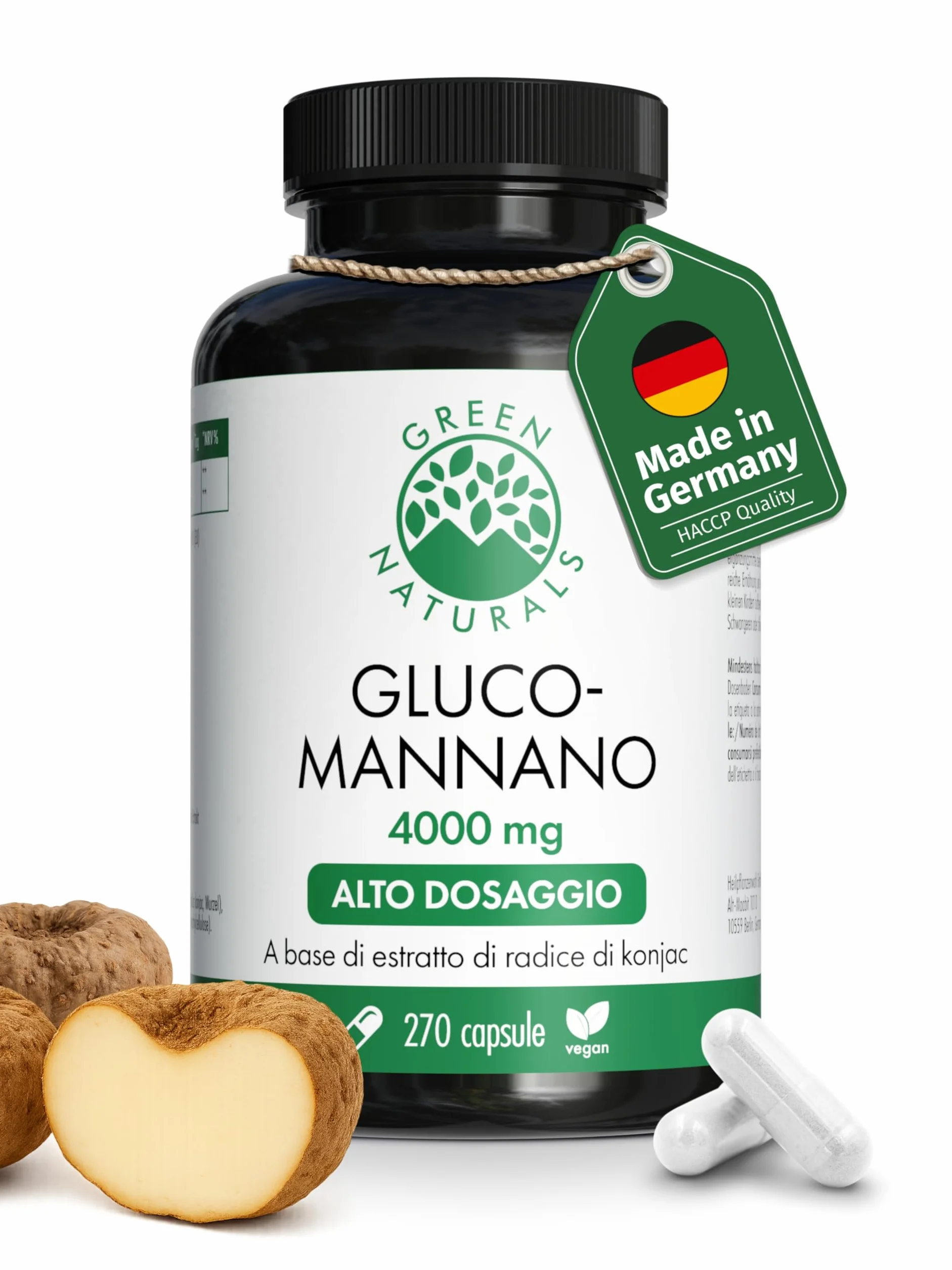 Green Naturals Glucomannano 4000 mg per dose giornaliera Estratto di konjac 4200 mg 270 capsule 45 giorni