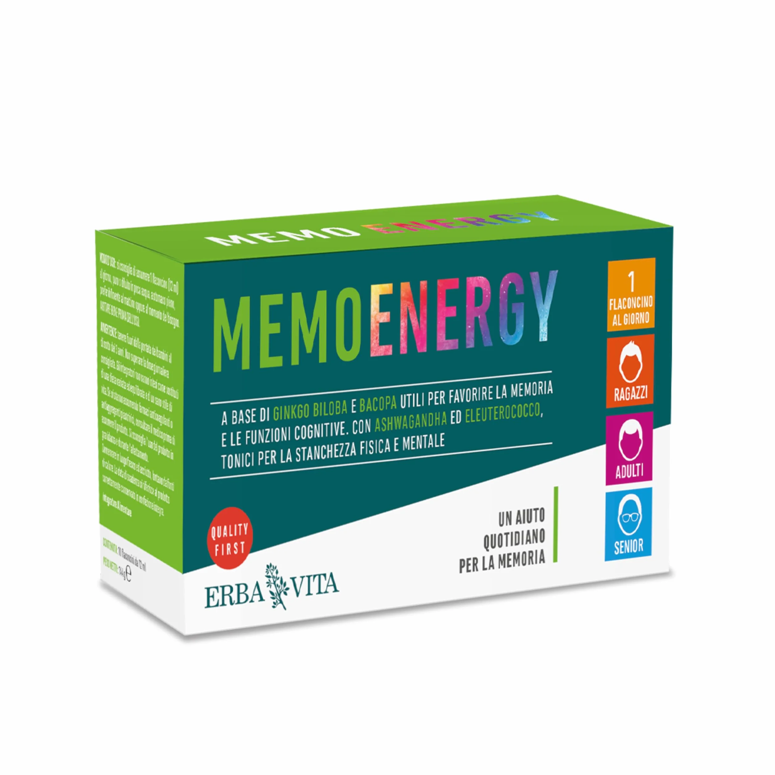 ERBA VITA Memo Energy integratore alimentare Ginkgo Biloba Bacopa memoria funzioni cognitive 10 flaconcini