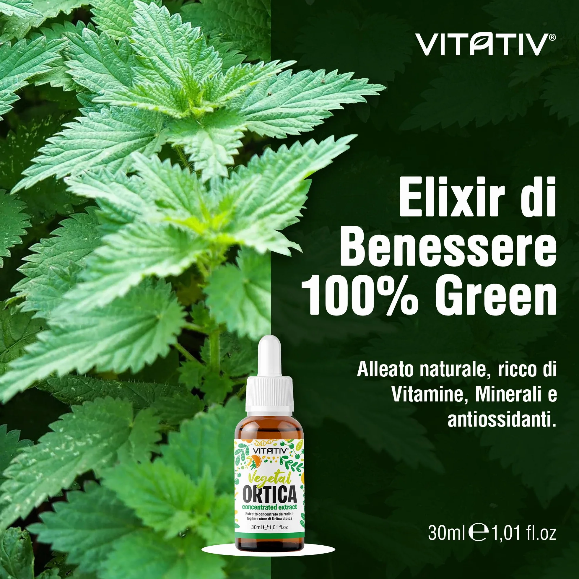 Vitativ Ortica Urtica Dioica Estratto Concentrato Analcolico Liquido Gocce 30 ml Vegano