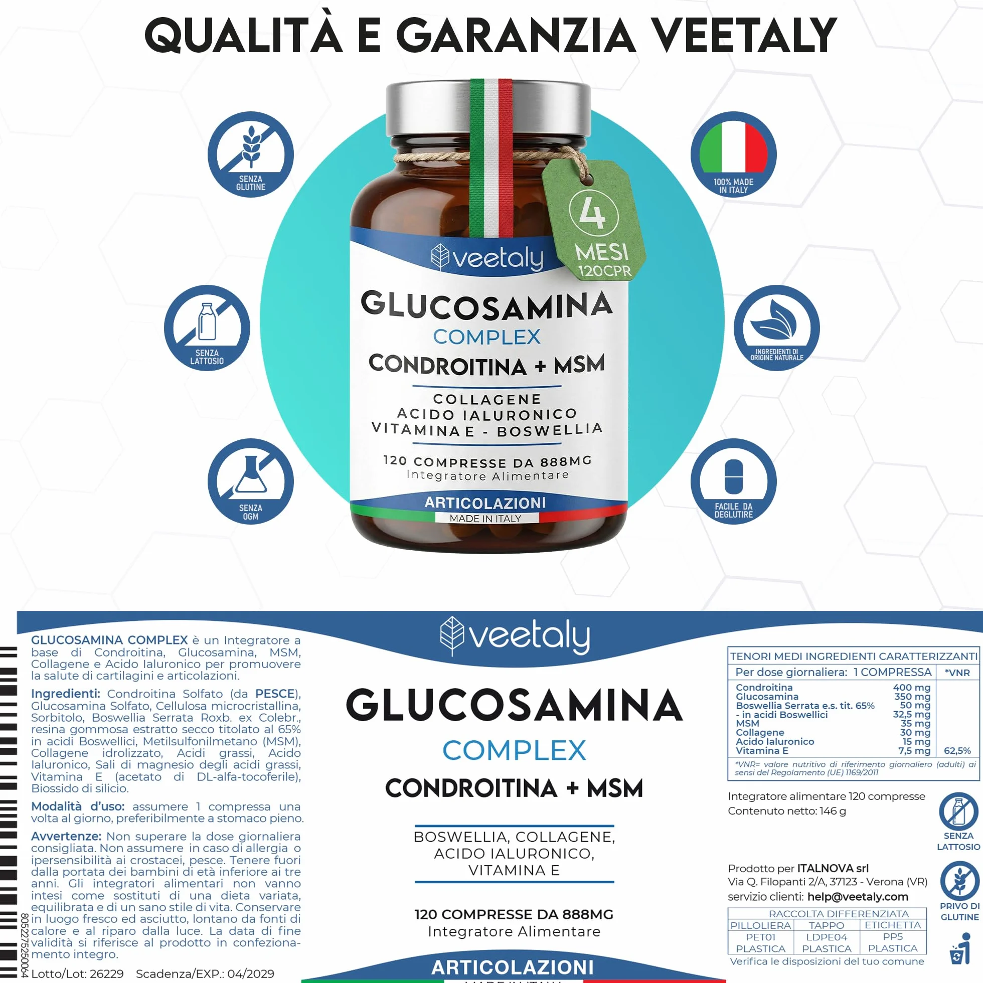 Glucosamina Condroitina MSM 888mg - Integratore Articolazioni e Cartilagine Ginocchio con Collagene, Acido Ialuronico, Vitamina E, Boswellia - 4 Mesi, 120 Compresse da 888 mg