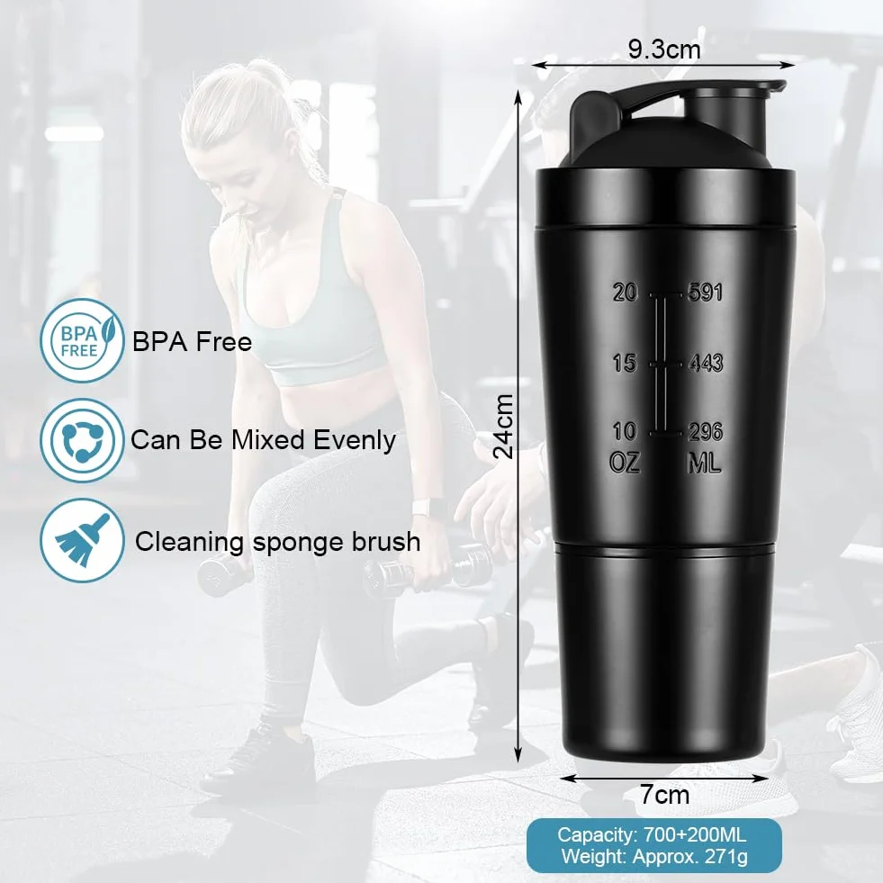 ACWOO Shaker per Proteine in Acciaio Inox Bottiglia, 700 + 200 ML Shaker Steel con Scomparto per Polvere e Miscelatore Sfera, per Bevande Proteiche per Gli Appassionati di Sport All'aria Aperta