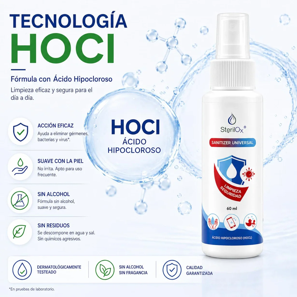 Spray cosmetico antisettico 60 ml senza alcool senza profumo con acido ipocloroso HOCl per mani giocattoli piatti