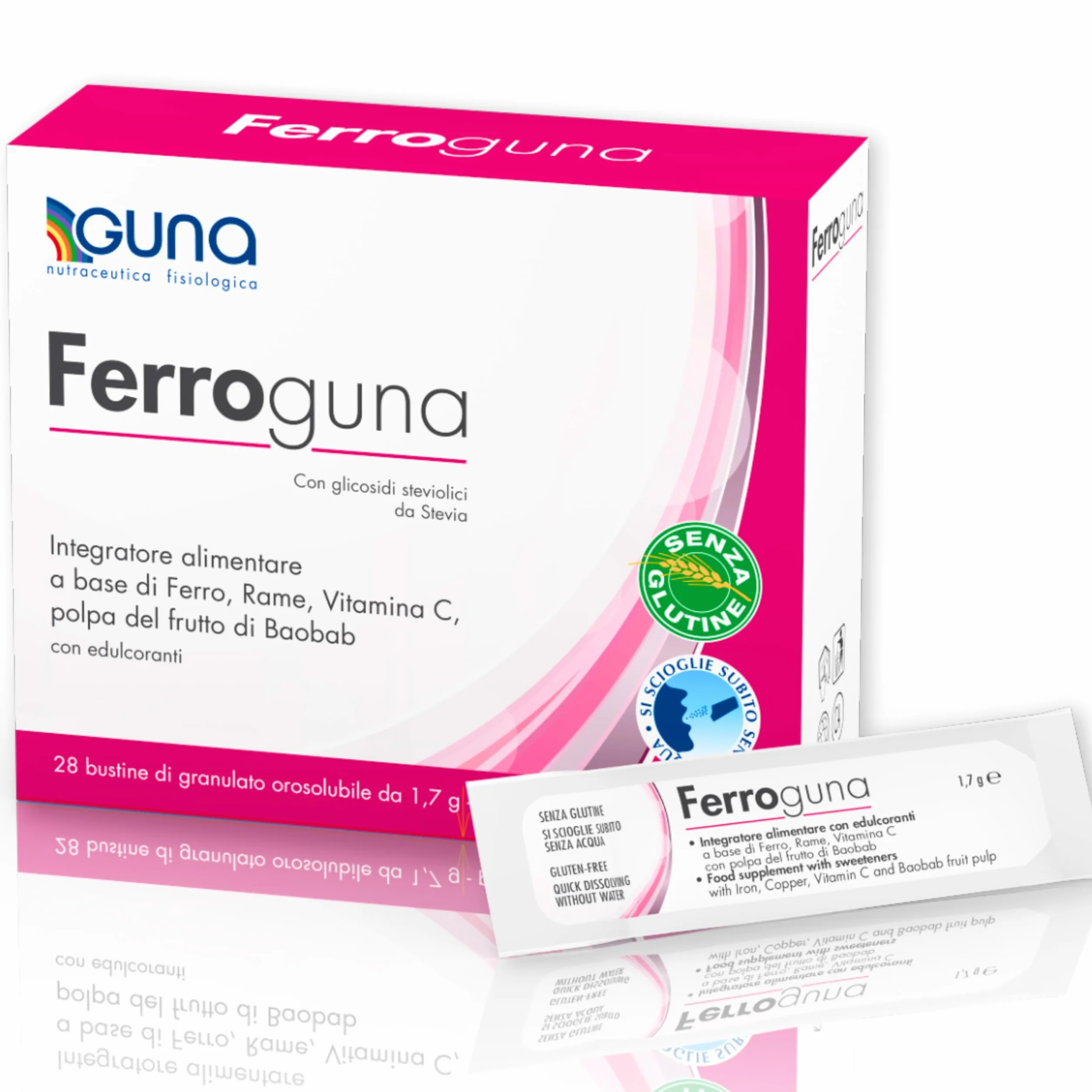 GUNA Ferroguna 28 Bustine Orosolubili - Integratore Alimentare a Base di Ferro, Rame, Vitamina C, con Polpa Disidratata del Frutto del Baobab