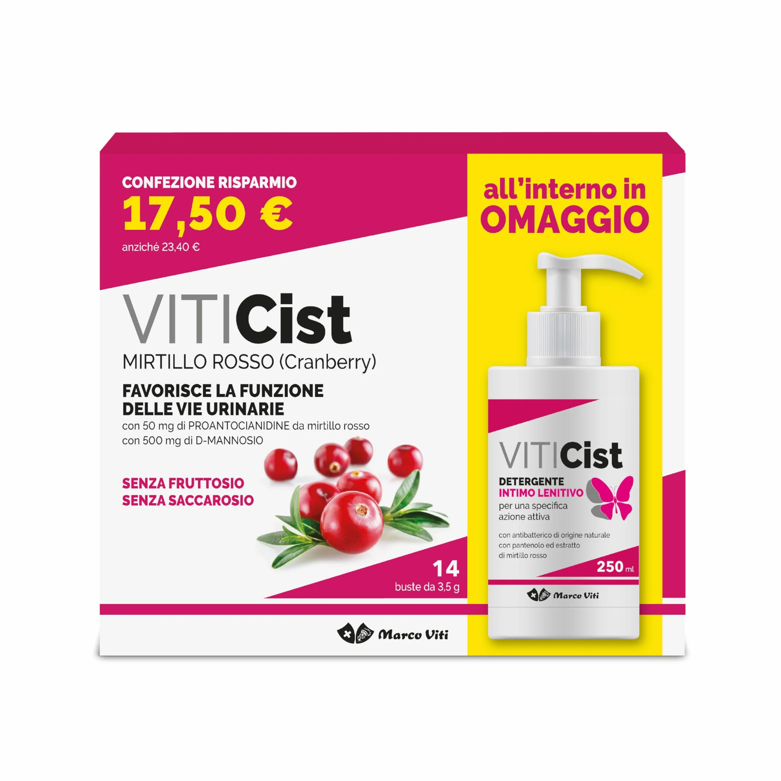 Marco Viti Viticist Kit Integratore con Cranberry e D-Mannosio + Detergente Intimo Lenitivo, 14 Bustine 3,5 g + 250 ml, Supporto Vie Urinarie