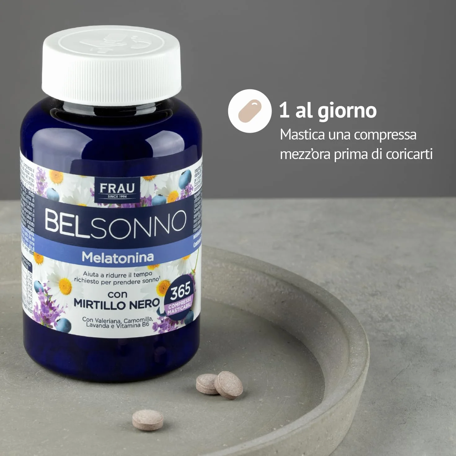 FRAU BEL SONNO Melatonina 365 Compresse Masticabili Integratore per il Sonno con Valeriana, Camomilla, Lavanda e Vitamina B6