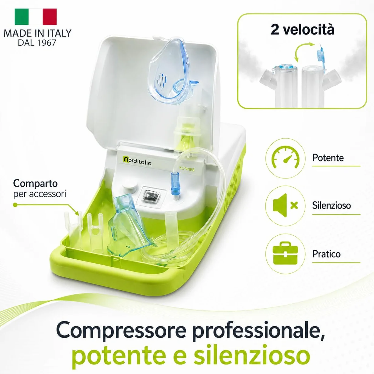 NORDITALIA Aerosol Meganeb Nebulizzazione Mirata Silenzioso con Vano Accessori per Bambini ed Adulti