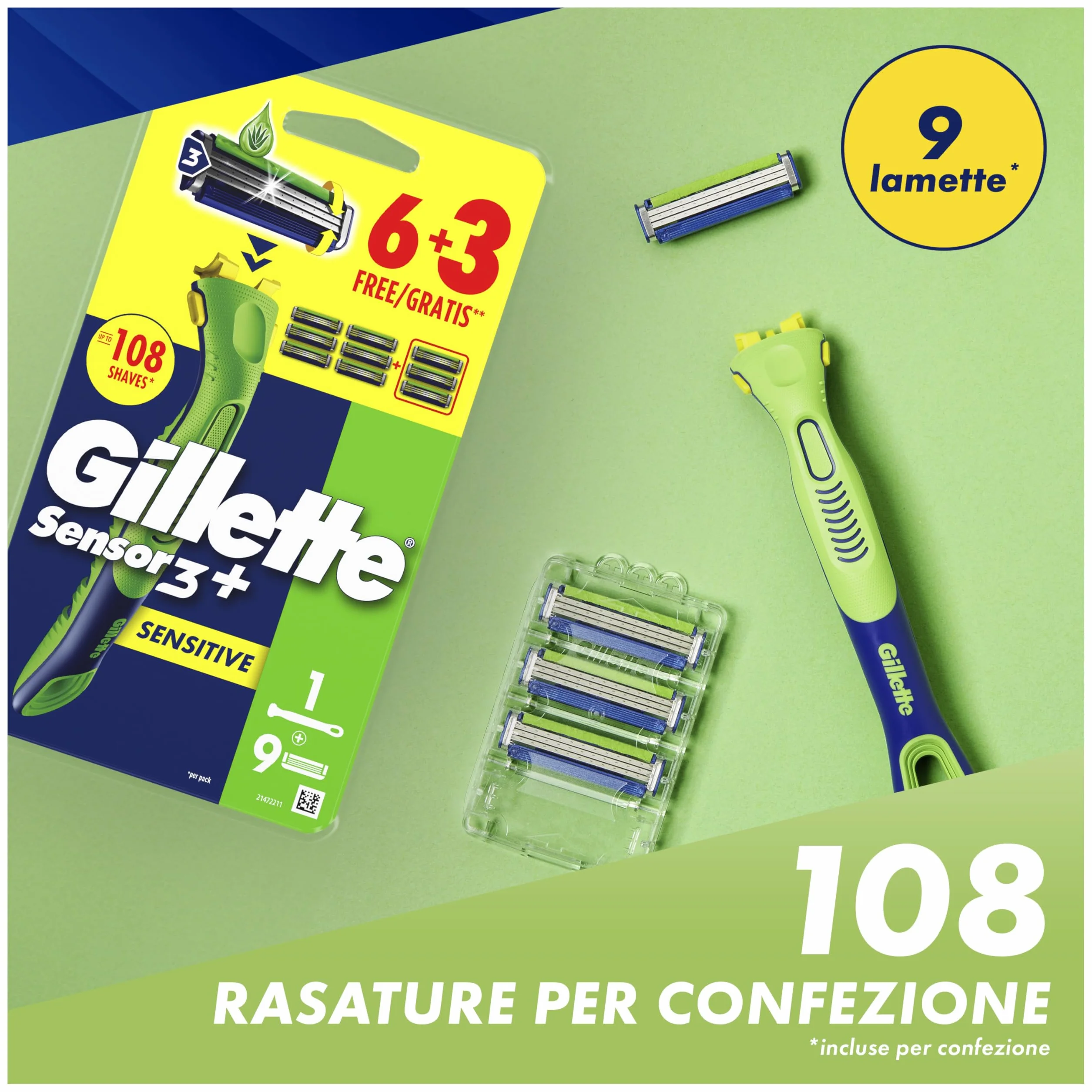 Gillette Sensor 3+ Sensitive Rasoio Da Uomo Con Testina Oscillante A 40° E 3 Lame Delicate, 1 Manico + 9 Lamette Di Ricambio