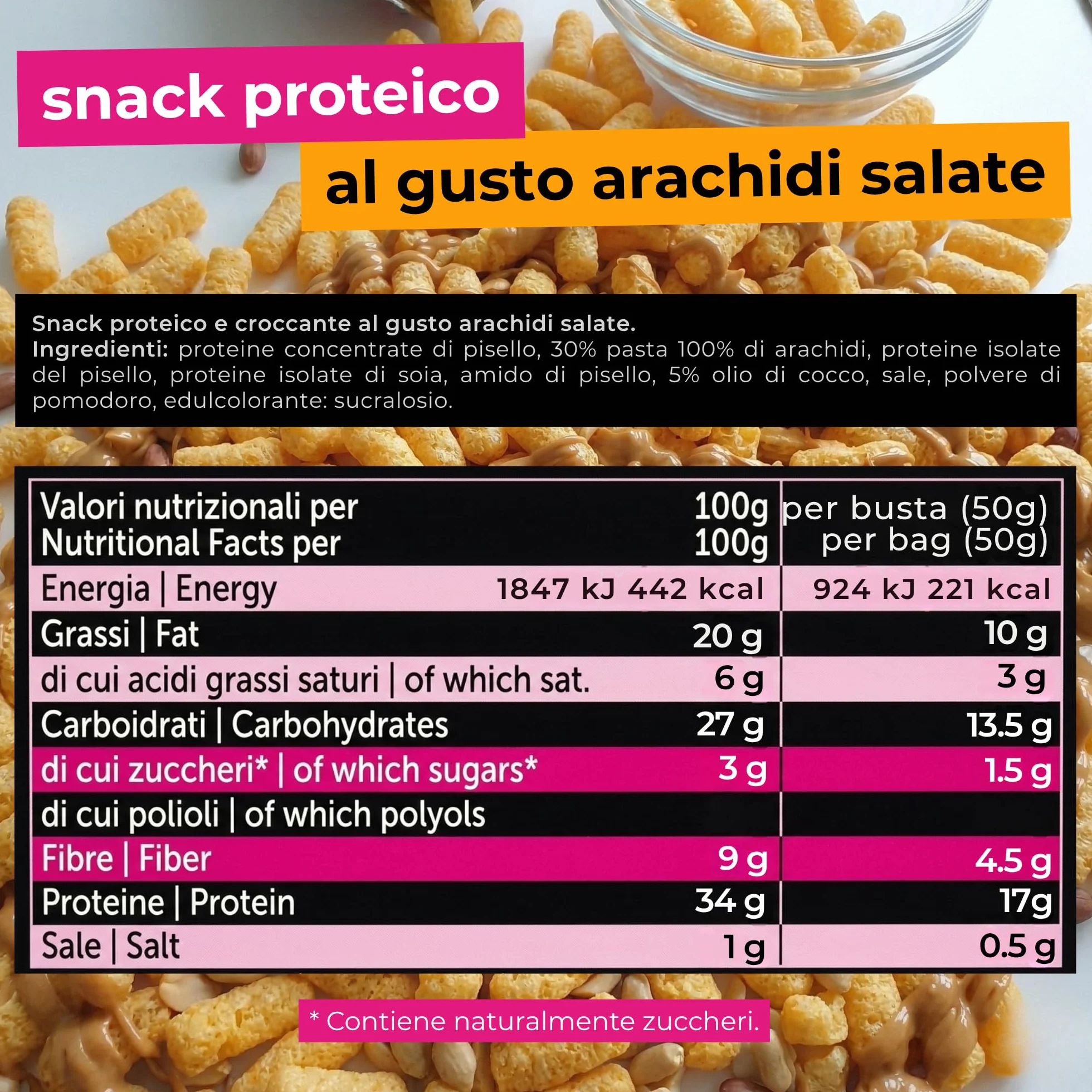 Protein Snack - Golose Patatine Proteiche con 34% di Proteine, Patatine Senza Glutine, Senza Zuccheri Aggiunti e Olio di Palma, Gusto Burro di Arachidi, Ideale per Spuntino Fit, Vegan, 6x50g
