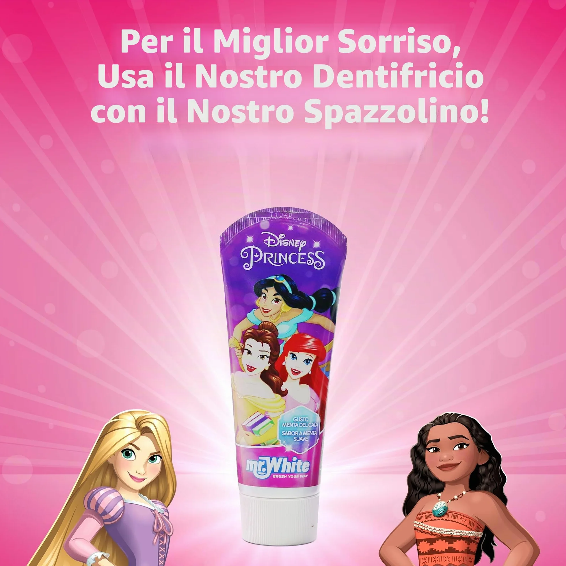 Spazzolino da denti Princess con tappo di protezione, ventosa, manico comodo e setole morbide per bambini