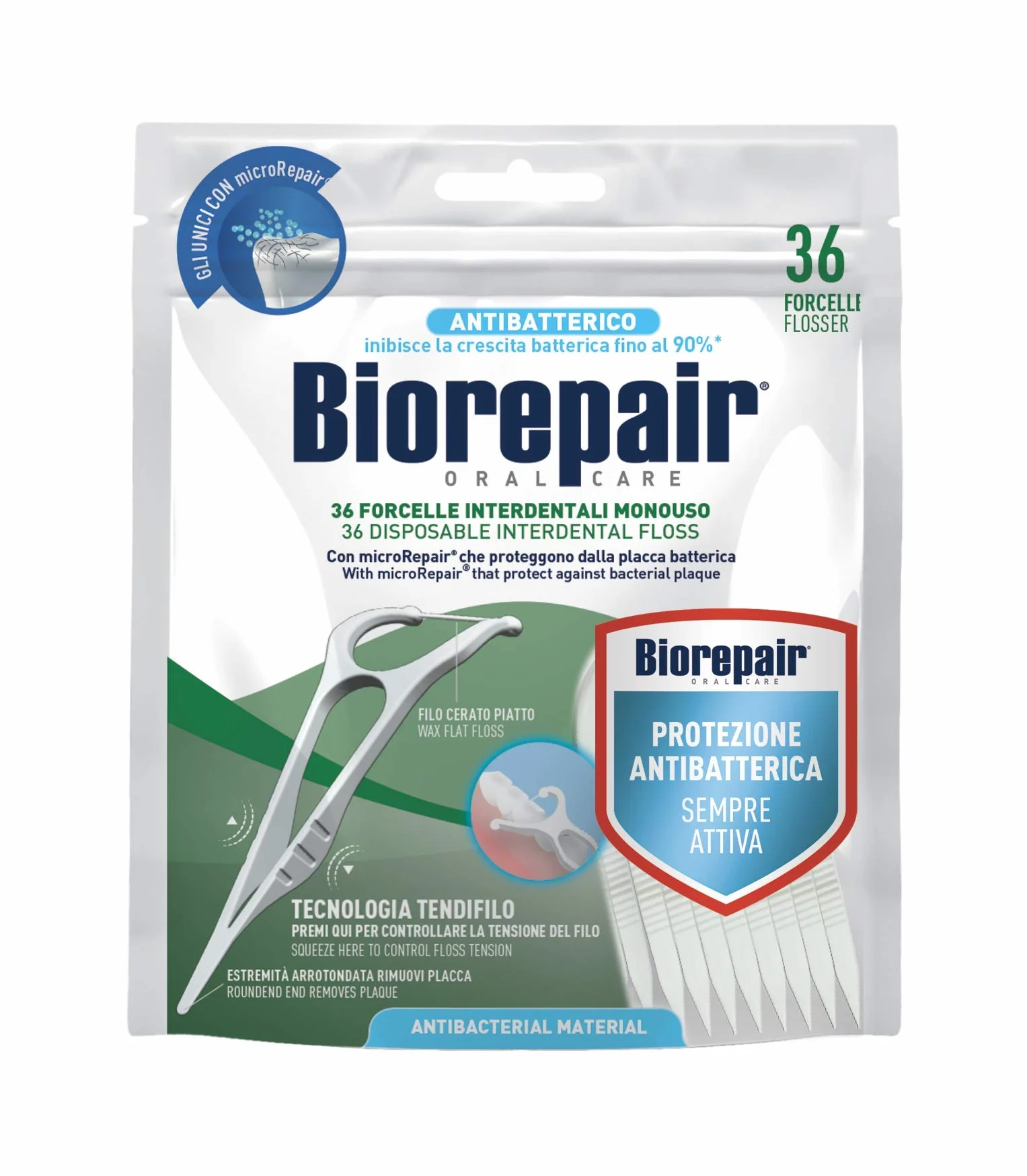 Biorepair, Forcelle Interdentali Monouso Con Microrepair® per Spazi Regolari e Stretti, per Igiene Orale, Ripara-Smalto, Aroma Menta Fresca, Pacco da 6 x 36 Pezzi
